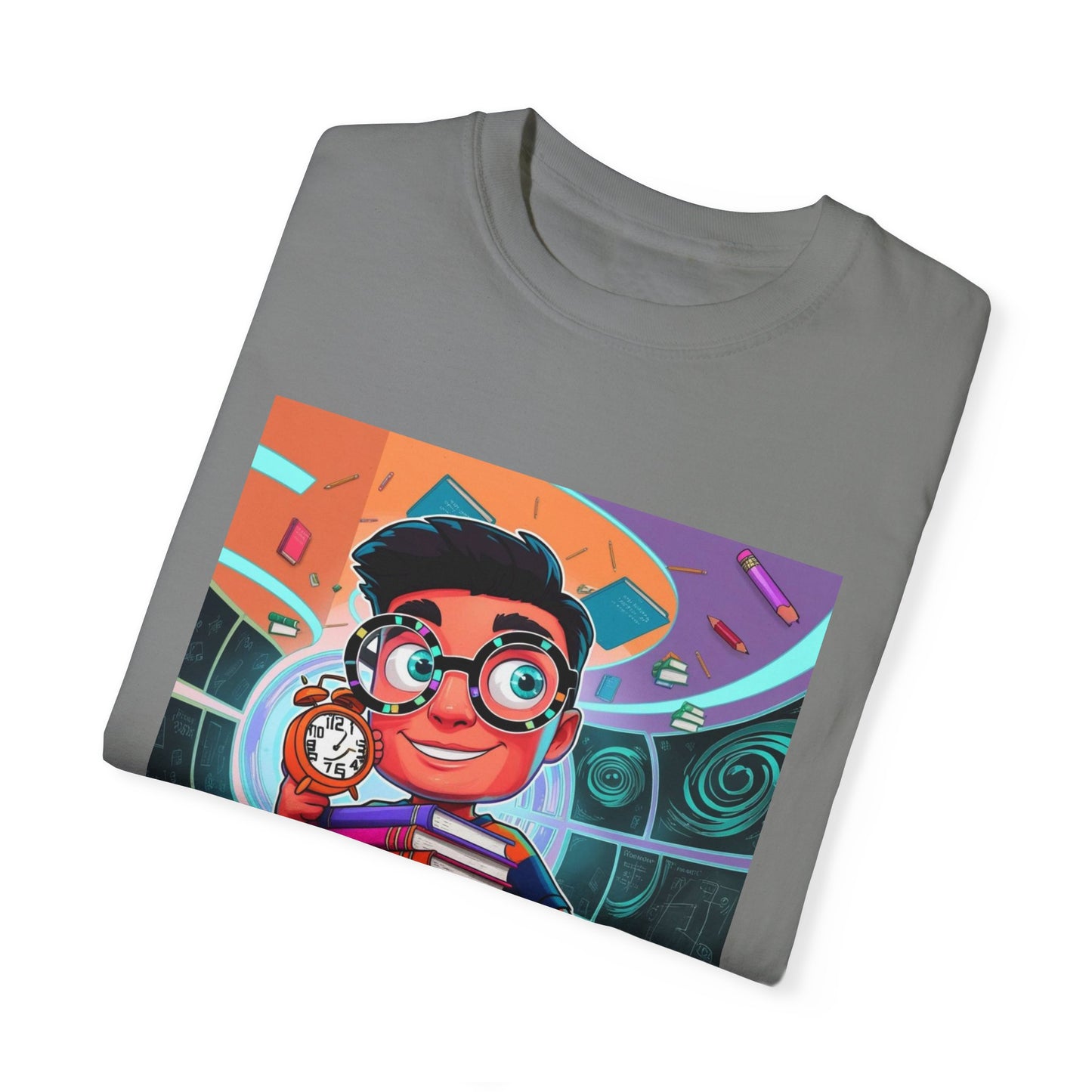 Neon Time Travel Student T-Shirt, Back to School Cartoon Design with Distorted Clock & Books, Funky Holographic Graphic Tee, Unisex Casual Shirt