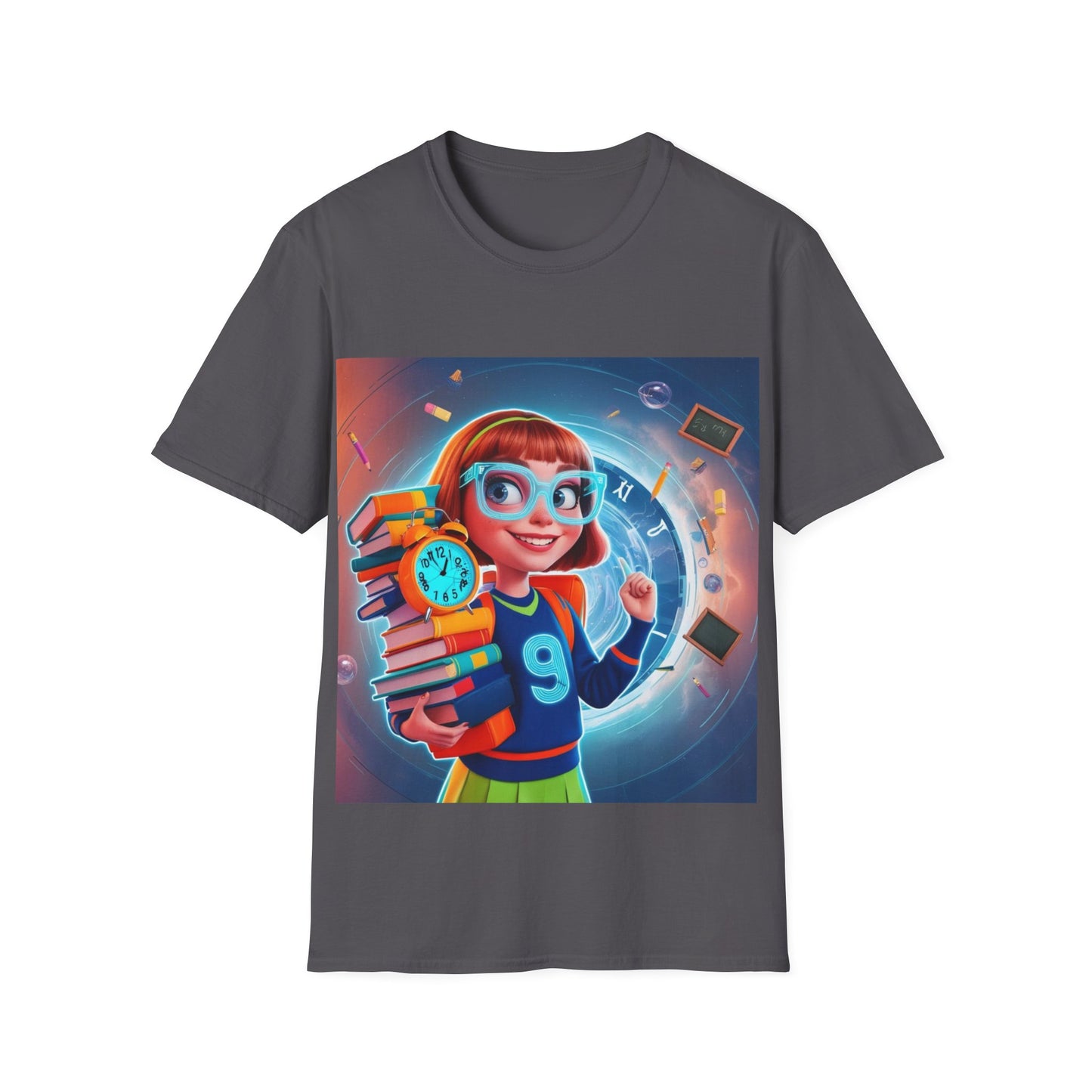 T-Shirt, Student Gift, Unisex Soft Style Tee, Time Travel Theme Shirt, Cool T-Shirt for All Ages, Neon Clock & Books