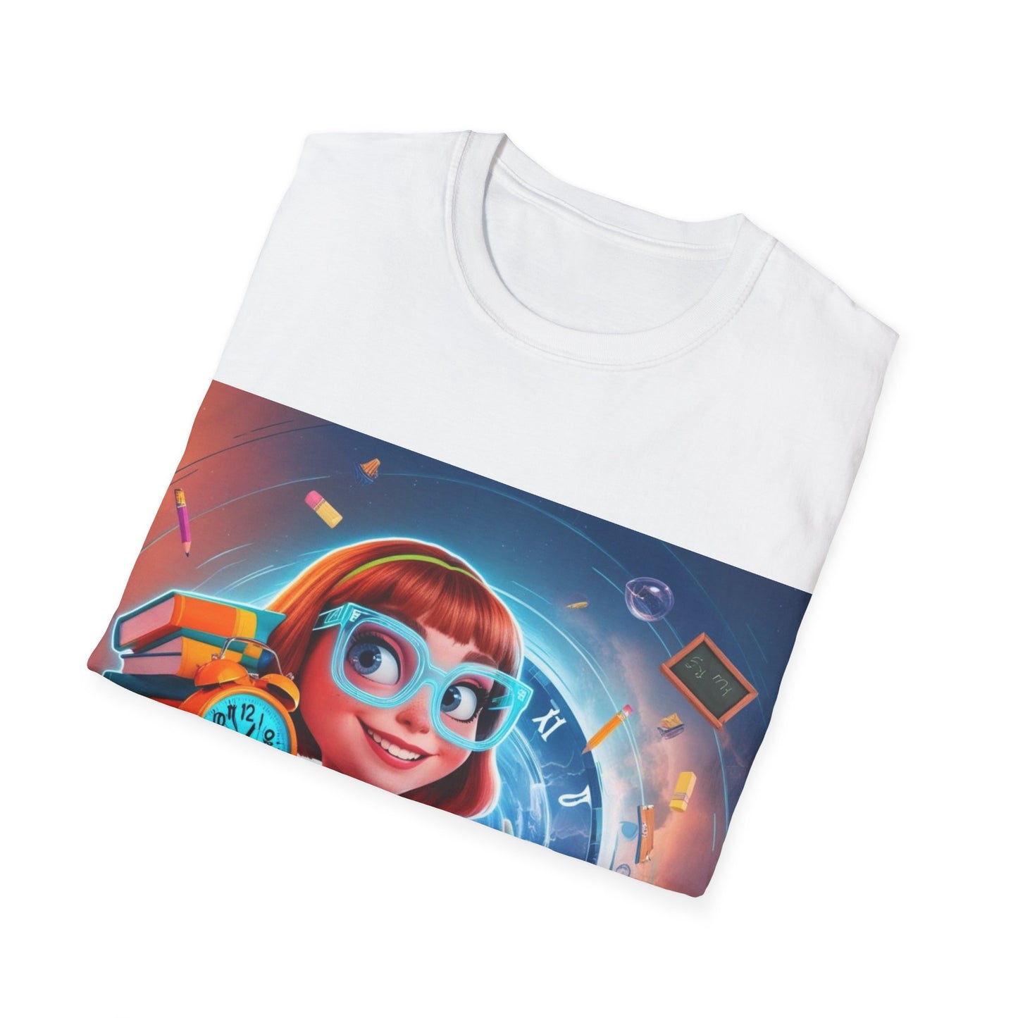 T-Shirt, Student Gift, Unisex Soft Style Tee, Time Travel Theme Shirt, Cool T-Shirt for All Ages, Neon Clock & Books