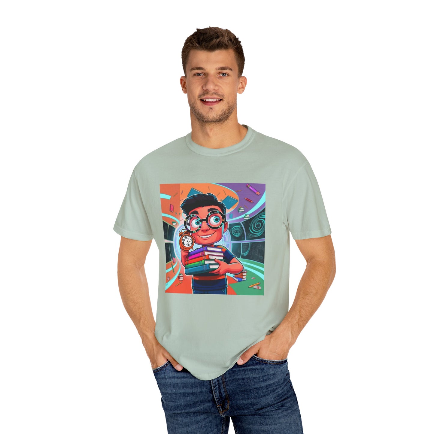 Neon Time Travel Student T-Shirt, Back to School Cartoon Design with Distorted Clock & Books, Funky Holographic Graphic Tee, Unisex Casual Shirt