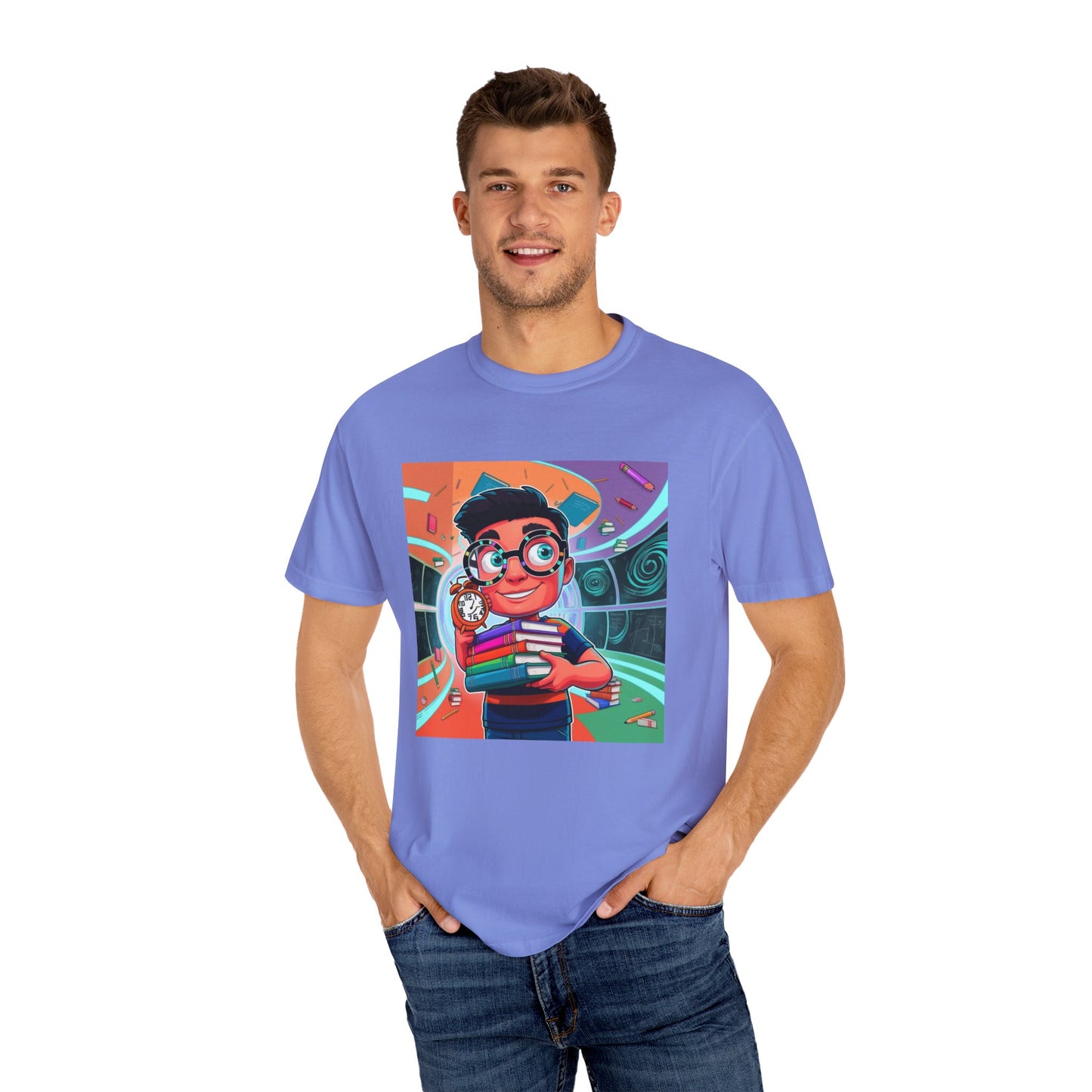 Neon Time Travel Student T-Shirt, Back to School Cartoon Design with Distorted Clock & Books, Funky Holographic Graphic Tee, Unisex Casual Shirt