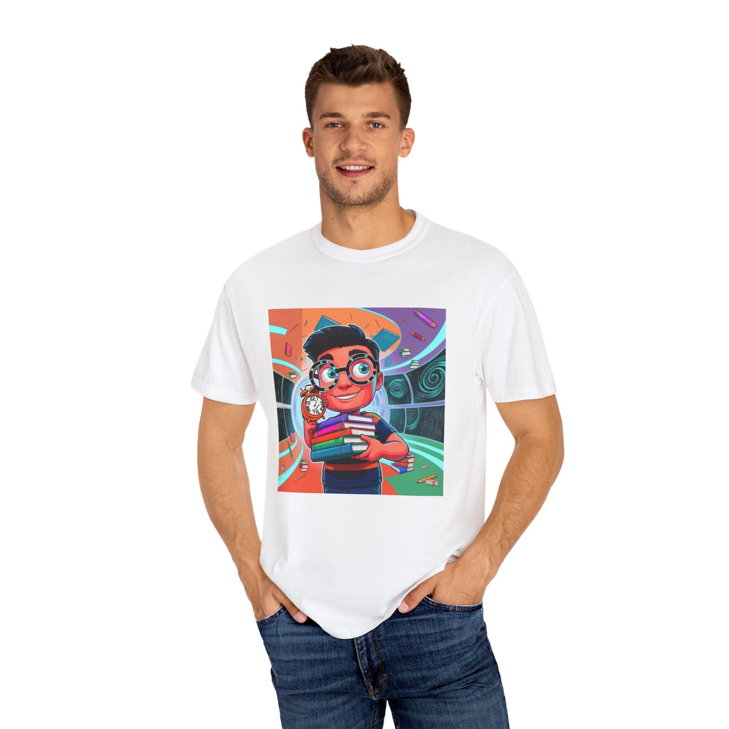 Neon Time Travel Student T-Shirt, Back to School Cartoon Design with Distorted Clock & Books, Funky Holographic Graphic Tee, Unisex Casual Shirt