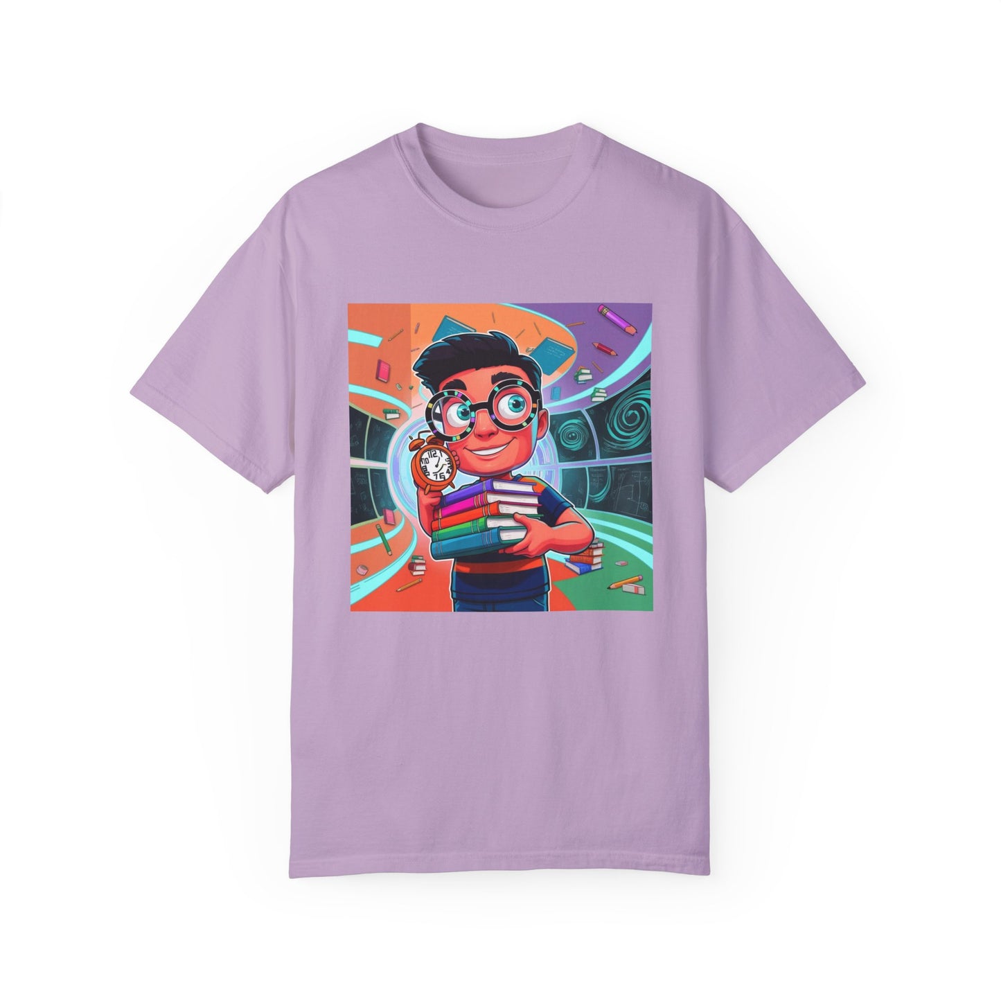 Neon Time Travel Student T-Shirt, Back to School Cartoon Design with Distorted Clock & Books, Funky Holographic Graphic Tee, Unisex Casual Shirt