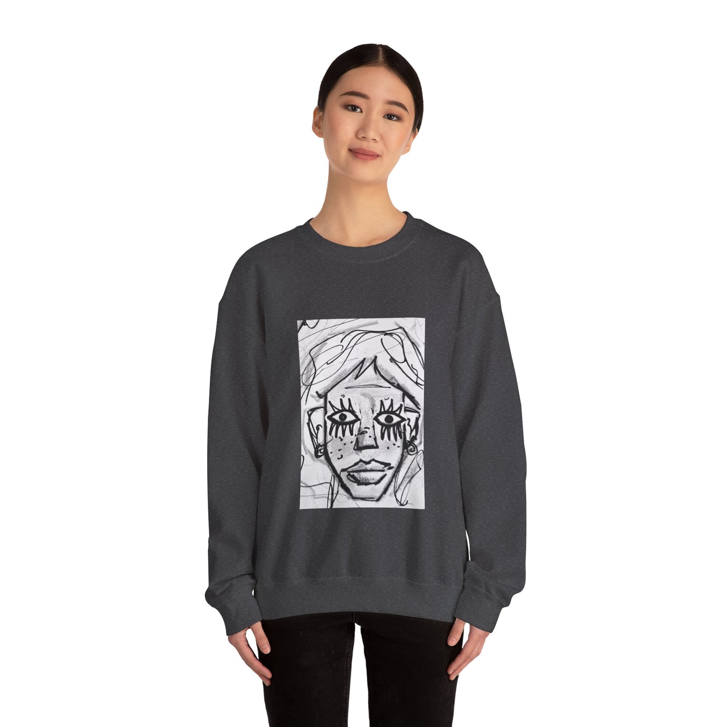 Graphic Face Sweatshirt, Unisex Heavy Blend Crewneck, Abstract Art, Casual Streetwear, Artistic Sweater