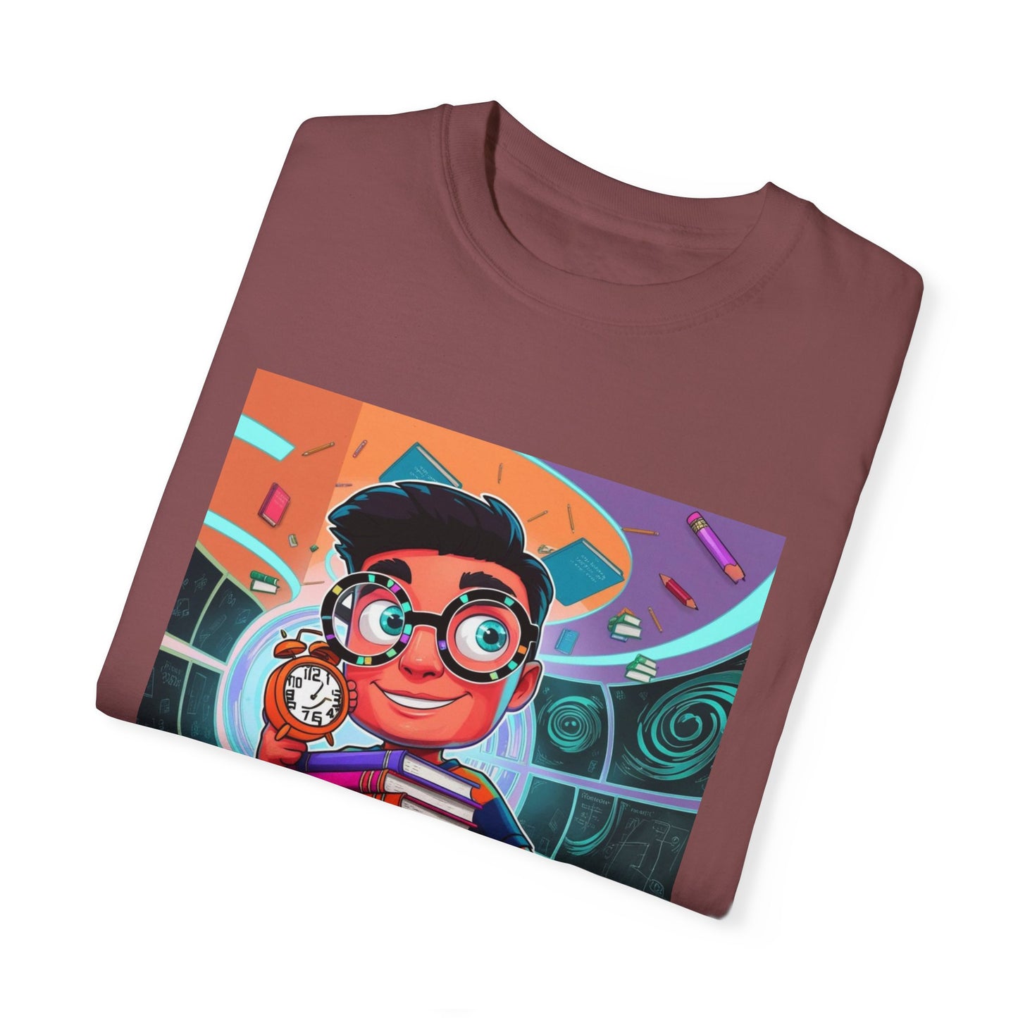 Neon Time Travel Student T-Shirt, Back to School Cartoon Design with Distorted Clock & Books, Funky Holographic Graphic Tee, Unisex Casual Shirt