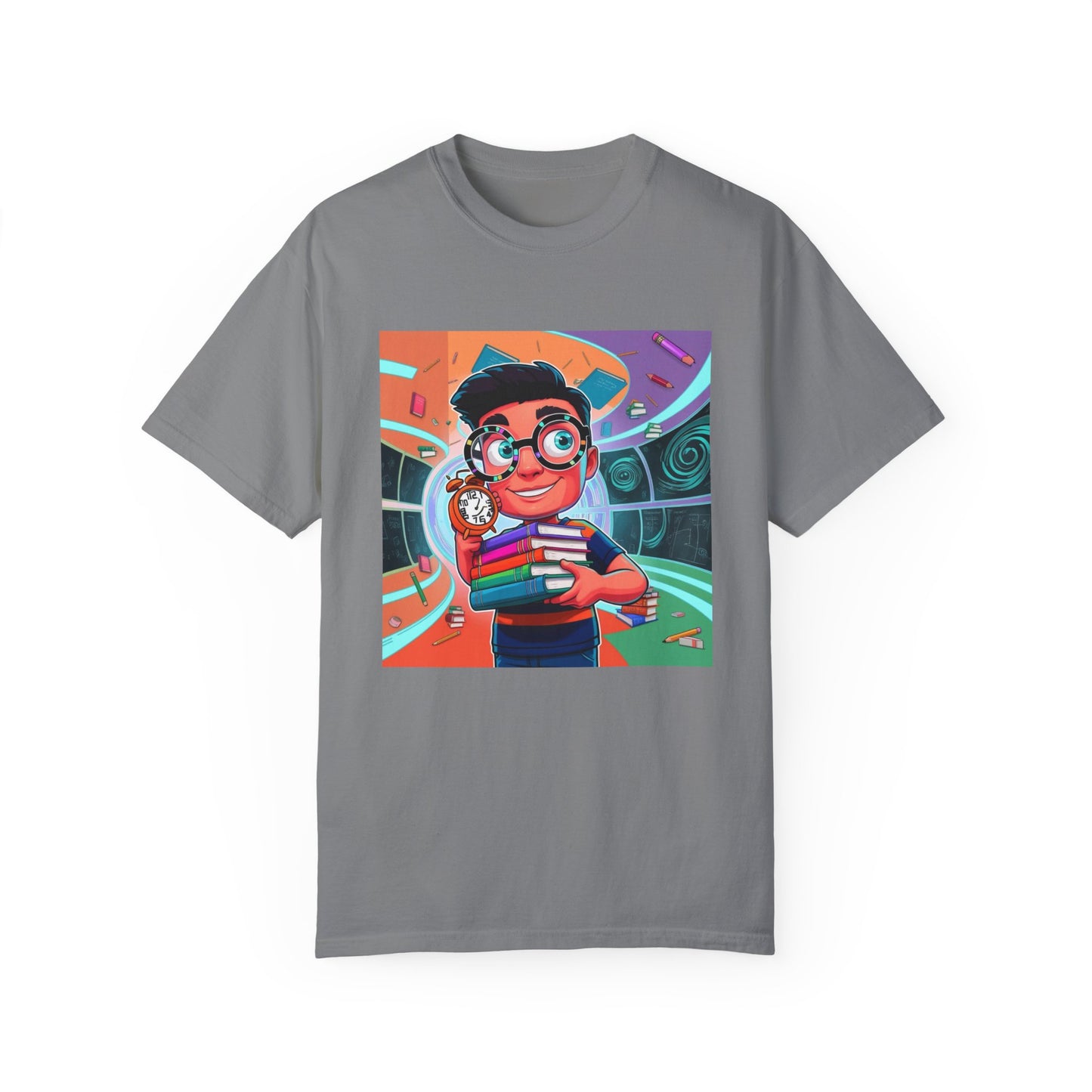Neon Time Travel Student T-Shirt, Back to School Cartoon Design with Distorted Clock & Books, Funky Holographic Graphic Tee, Unisex Casual Shirt