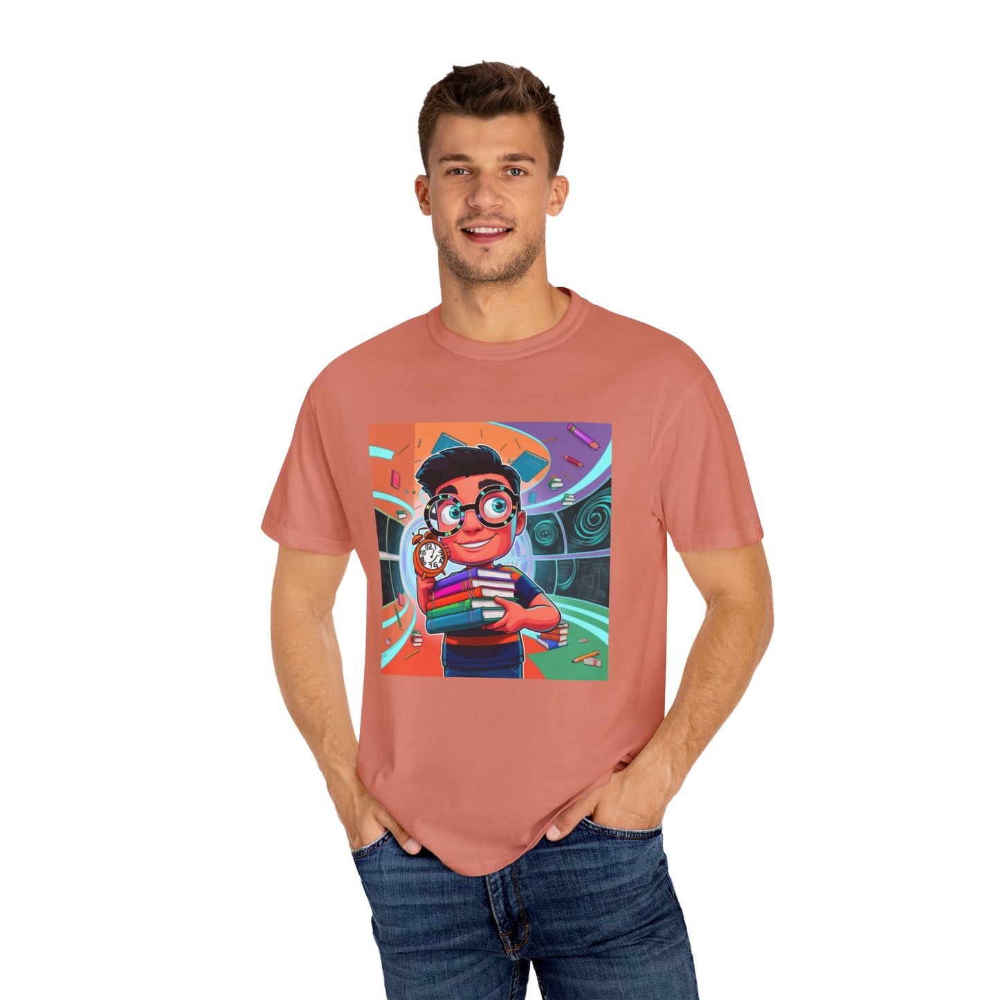 Neon Time Travel Student T-Shirt, Back to School Cartoon Design with Distorted Clock & Books, Funky Holographic Graphic Tee, Unisex Casual Shirt