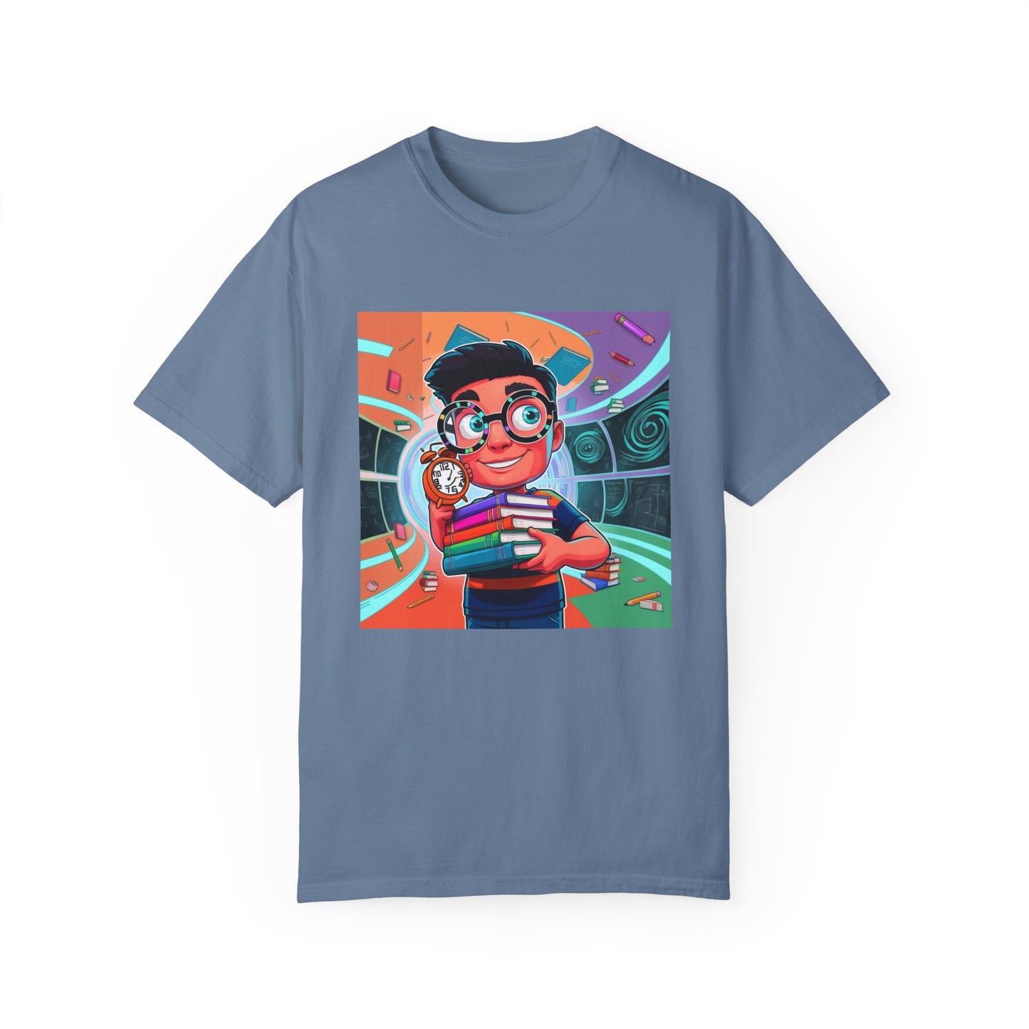 Neon Time Travel Student T-Shirt, Back to School Cartoon Design with Distorted Clock & Books, Funky Holographic Graphic Tee, Unisex Casual Shirt