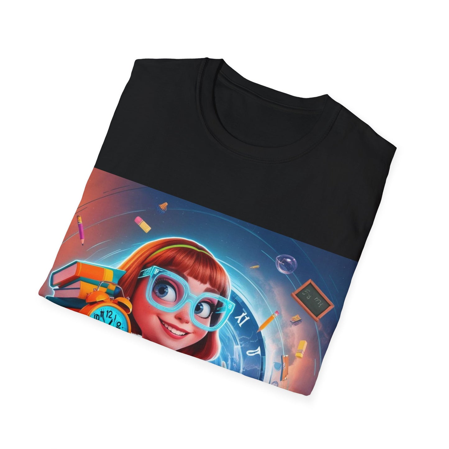 T-Shirt, Student Gift, Unisex Soft Style Tee, Time Travel Theme Shirt, Cool T-Shirt for All Ages, Neon Clock & Books