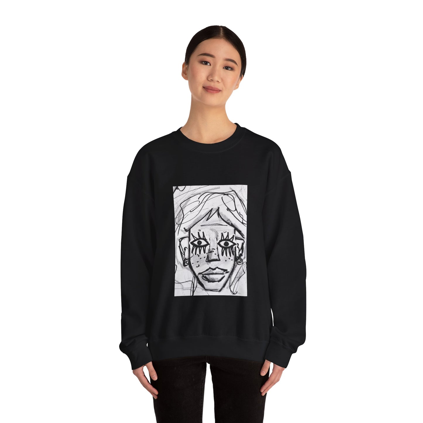 Graphic Face Sweatshirt, Unisex Heavy Blend Crewneck, Abstract Art, Casual Streetwear, Artistic Sweater