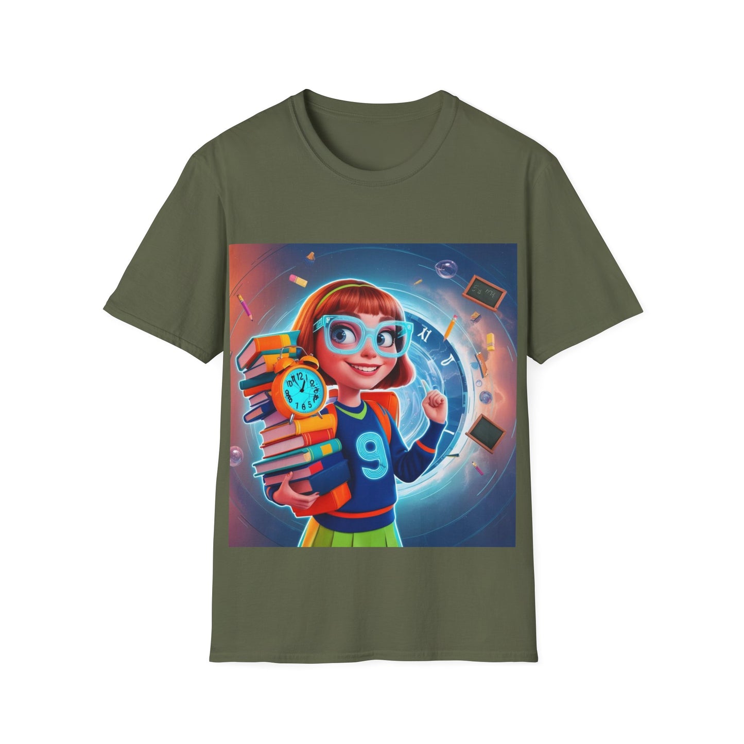 T-Shirt, Student Gift, Unisex Soft Style Tee, Time Travel Theme Shirt, Cool T-Shirt for All Ages, Neon Clock & Books