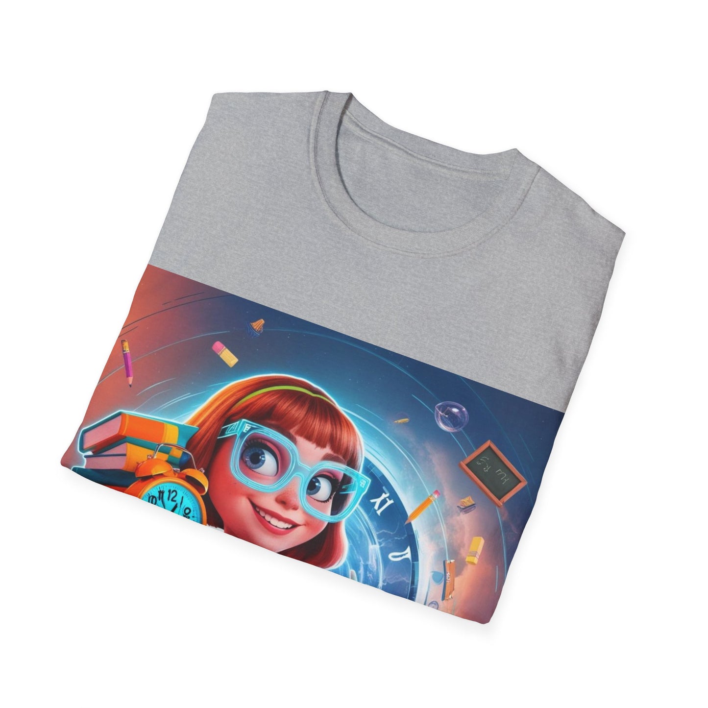 T-Shirt, Student Gift, Unisex Soft Style Tee, Time Travel Theme Shirt, Cool T-Shirt for All Ages, Neon Clock & Books