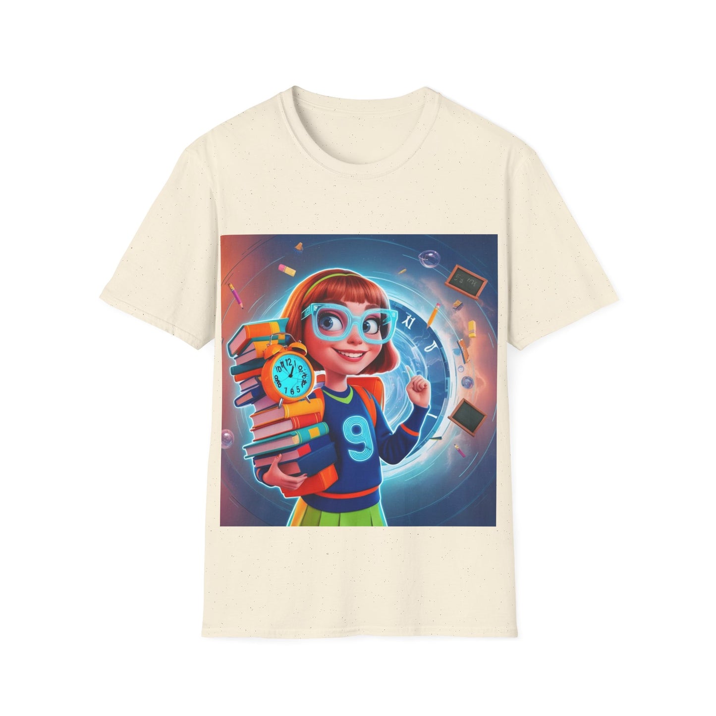 T-Shirt, Student Gift, Unisex Soft Style Tee, Time Travel Theme Shirt, Cool T-Shirt for All Ages, Neon Clock & Books