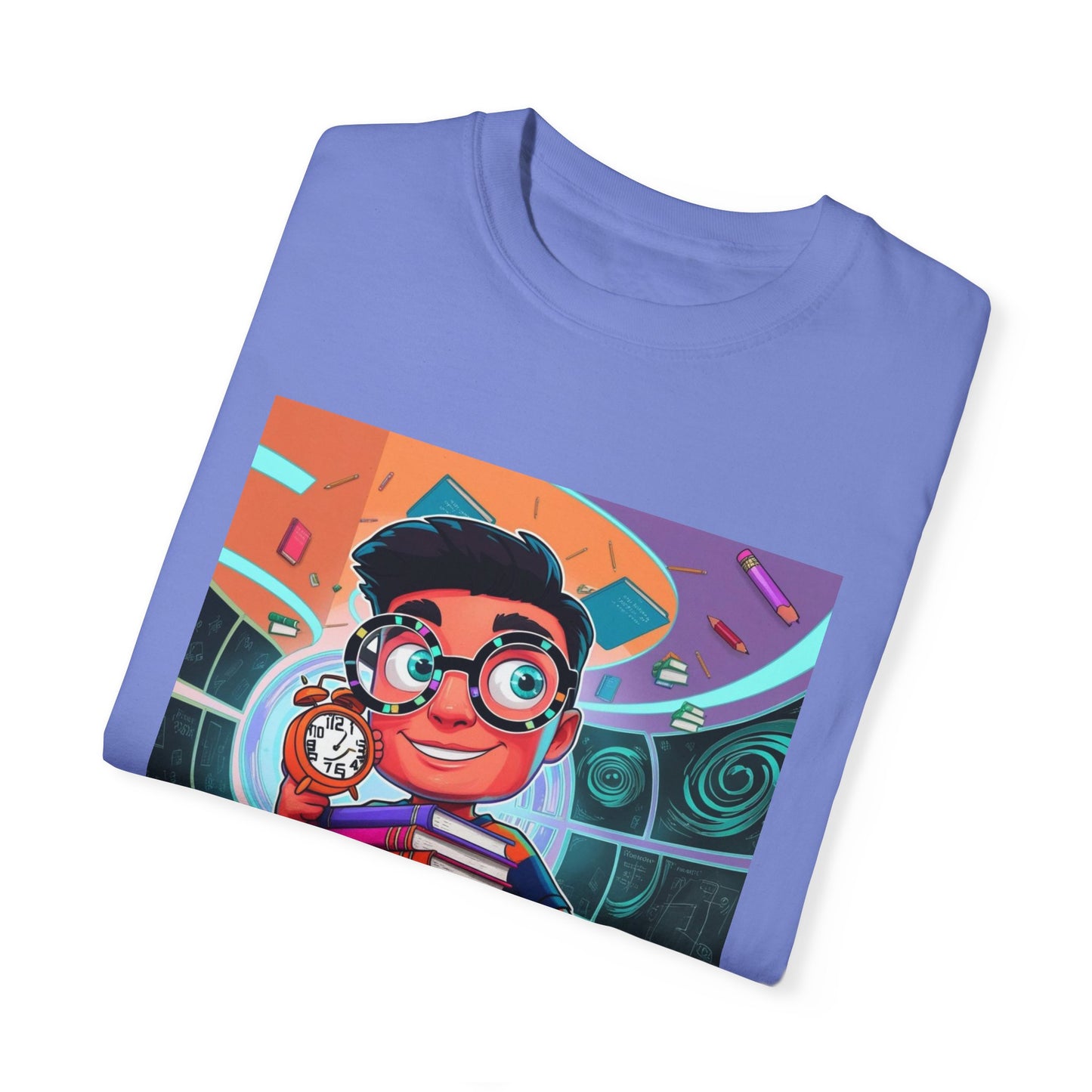Neon Time Travel Student T-Shirt, Back to School Cartoon Design with Distorted Clock & Books, Funky Holographic Graphic Tee, Unisex Casual Shirt
