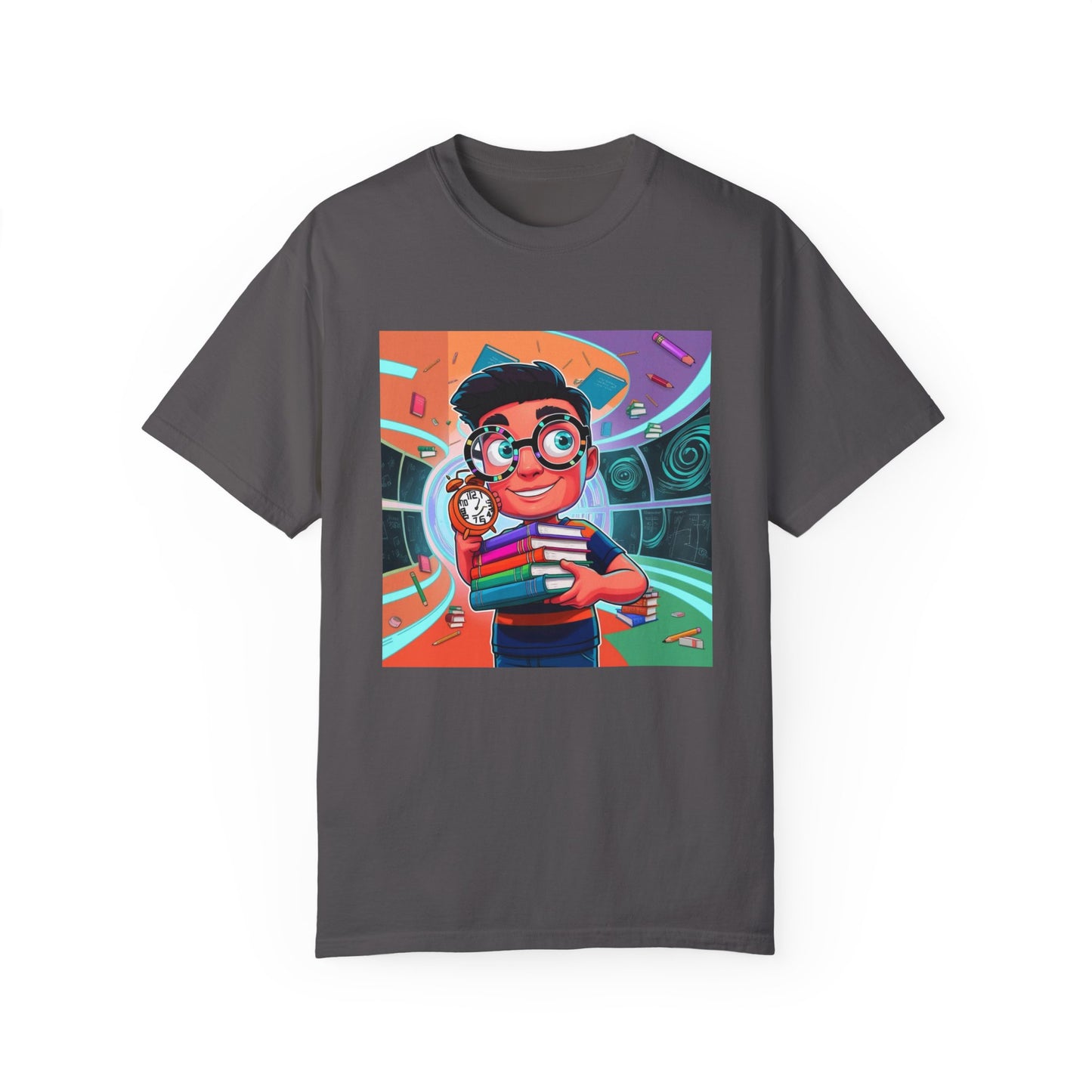 Neon Time Travel Student T-Shirt, Back to School Cartoon Design with Distorted Clock & Books, Funky Holographic Graphic Tee, Unisex Casual Shirt