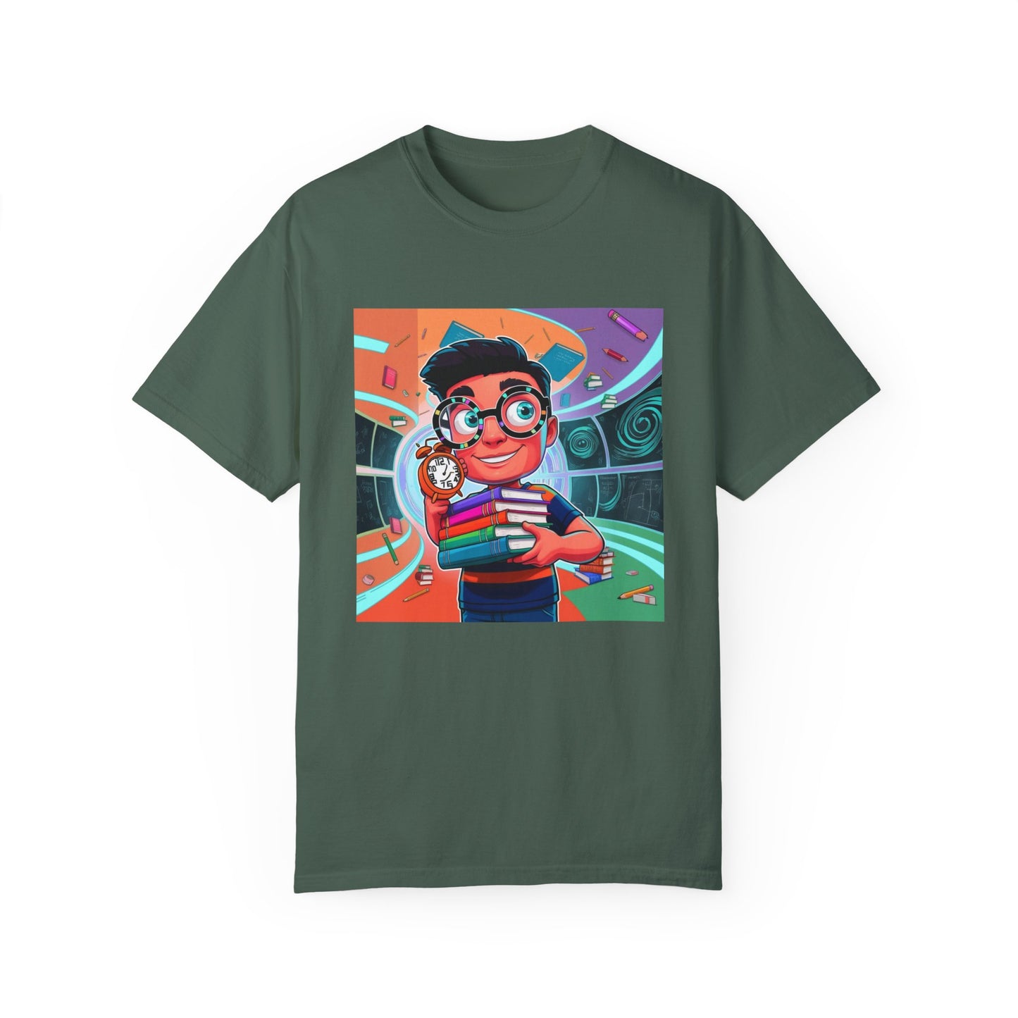 Neon Time Travel Student T-Shirt, Back to School Cartoon Design with Distorted Clock & Books, Funky Holographic Graphic Tee, Unisex Casual Shirt