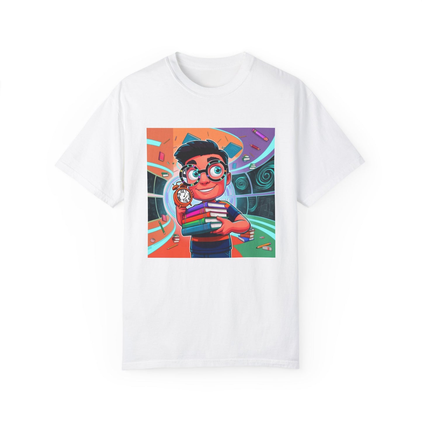 Neon Time Travel Student T-Shirt, Back to School Cartoon Design with Distorted Clock & Books, Funky Holographic Graphic Tee, Unisex Casual Shirt