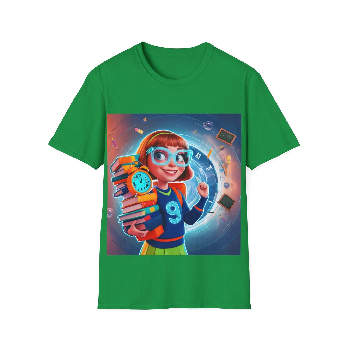 T-Shirt, Student Gift, Unisex Soft Style Tee, Time Travel Theme Shirt, Cool T-Shirt for All Ages, Neon Clock & Books