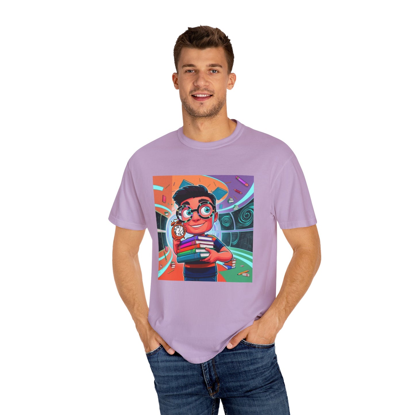 Neon Time Travel Student T-Shirt, Back to School Cartoon Design with Distorted Clock & Books, Funky Holographic Graphic Tee, Unisex Casual Shirt