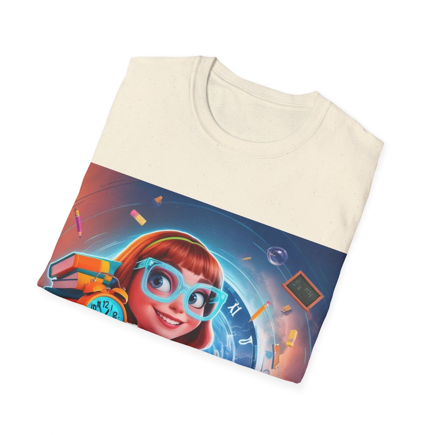 T-Shirt, Student Gift, Unisex Soft Style Tee, Time Travel Theme Shirt, Cool T-Shirt for All Ages, Neon Clock & Books