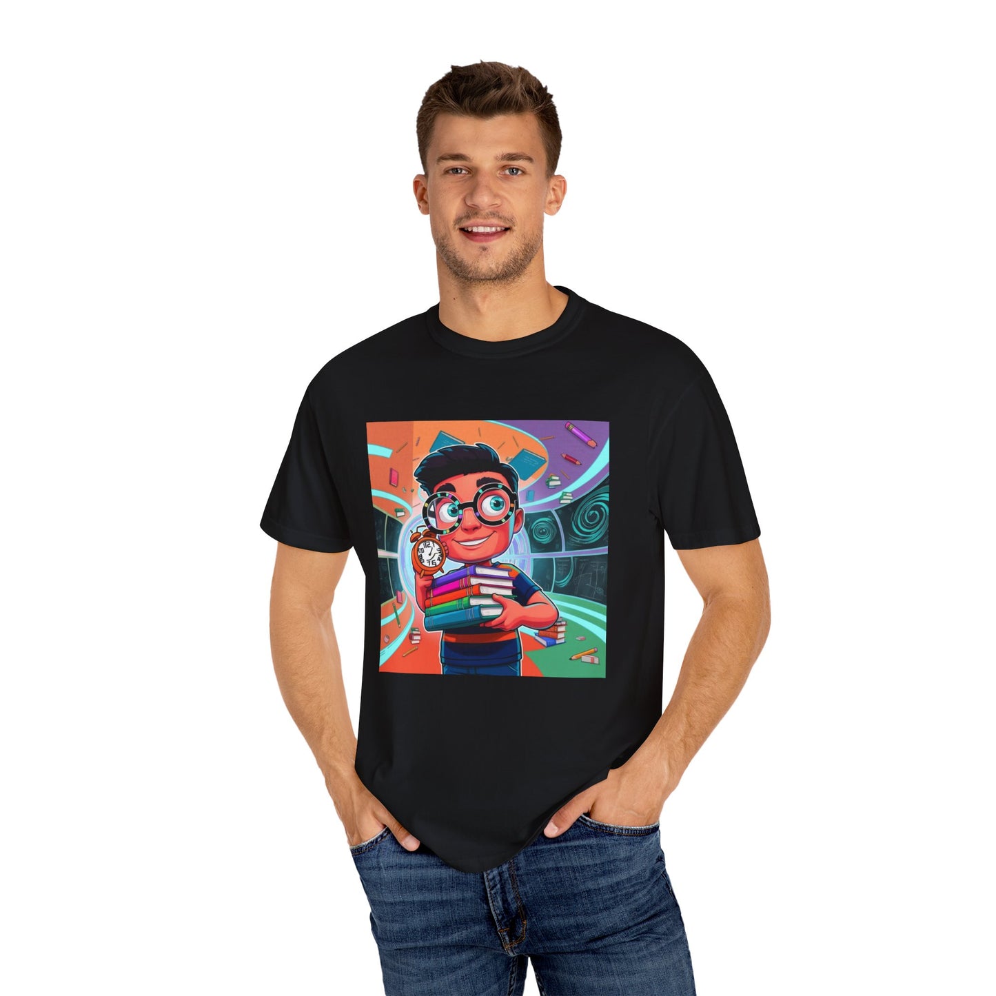Neon Time Travel Student T-Shirt, Back to School Cartoon Design with Distorted Clock & Books, Funky Holographic Graphic Tee, Unisex Casual Shirt