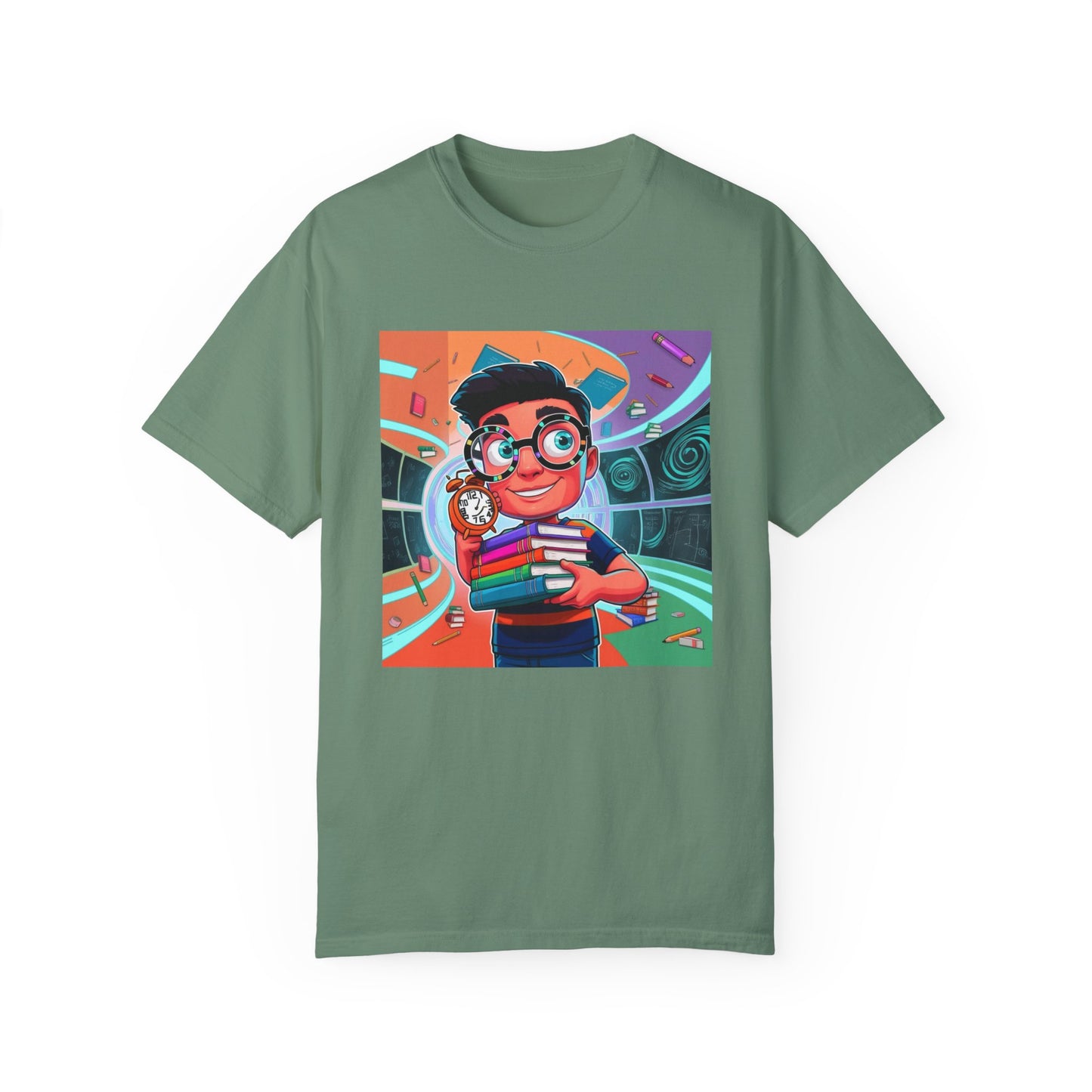 Neon Time Travel Student T-Shirt, Back to School Cartoon Design with Distorted Clock & Books, Funky Holographic Graphic Tee, Unisex Casual Shirt