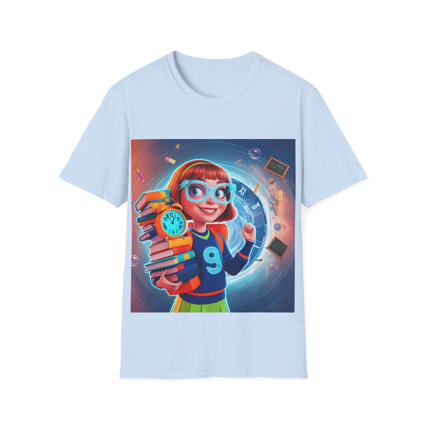 T-Shirt, Student Gift, Unisex Soft Style Tee, Time Travel Theme Shirt, Cool T-Shirt for All Ages, Neon Clock & Books