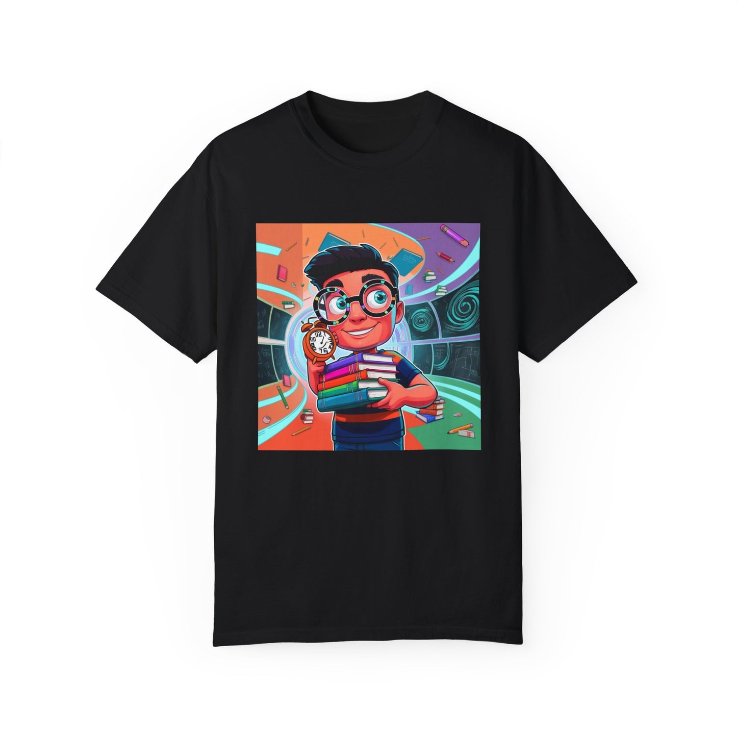 Neon Time Travel Student T-Shirt, Back to School Cartoon Design with Distorted Clock & Books, Funky Holographic Graphic Tee, Unisex Casual Shirt