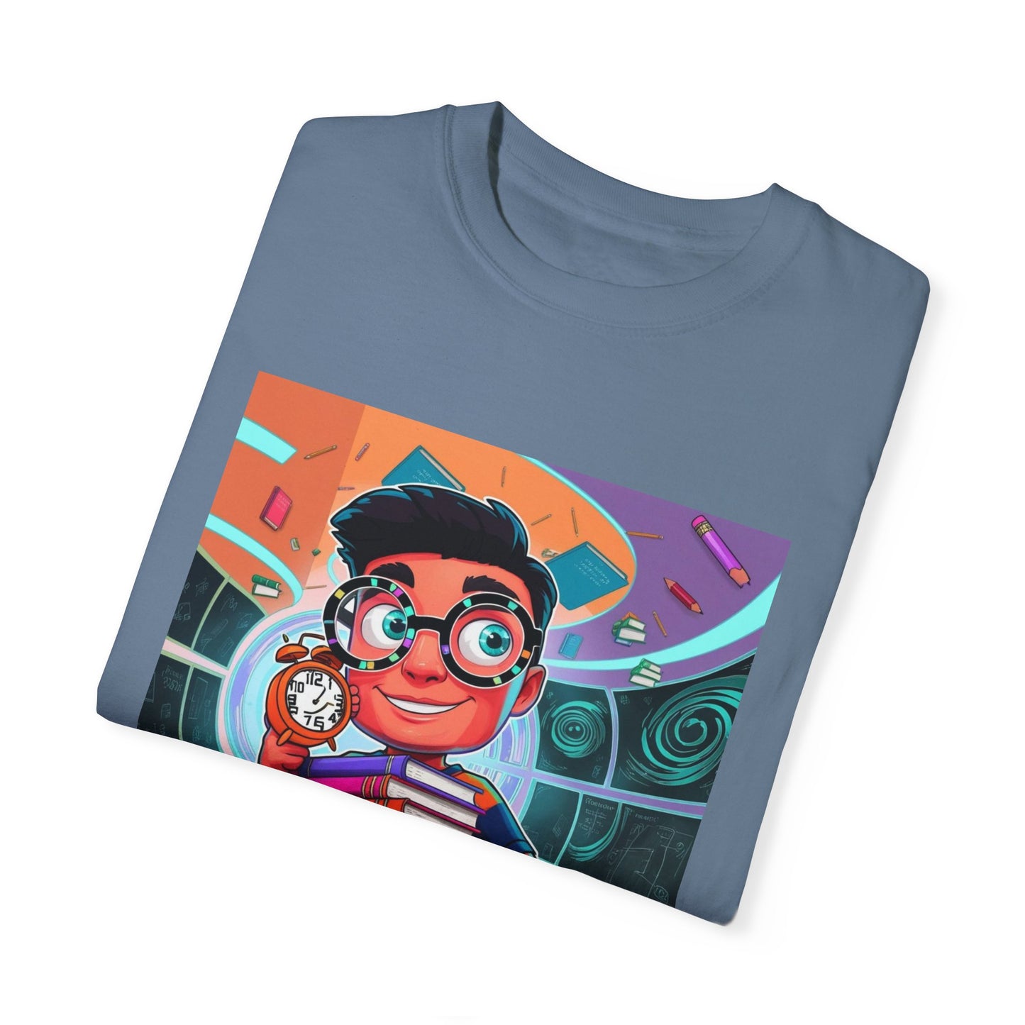 Neon Time Travel Student T-Shirt, Back to School Cartoon Design with Distorted Clock & Books, Funky Holographic Graphic Tee, Unisex Casual Shirt
