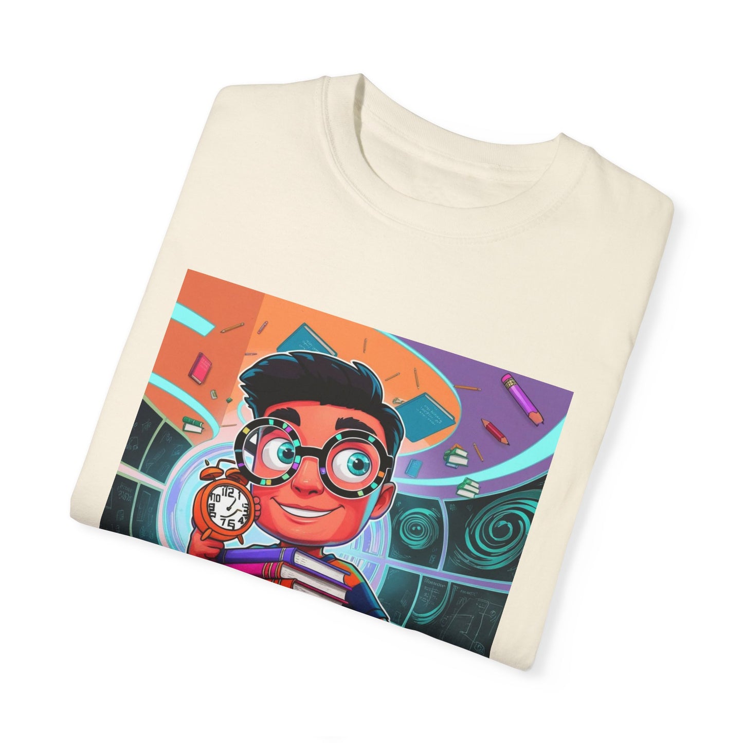 Neon Time Travel Student T-Shirt, Back to School Cartoon Design with Distorted Clock & Books, Funky Holographic Graphic Tee, Unisex Casual Shirt