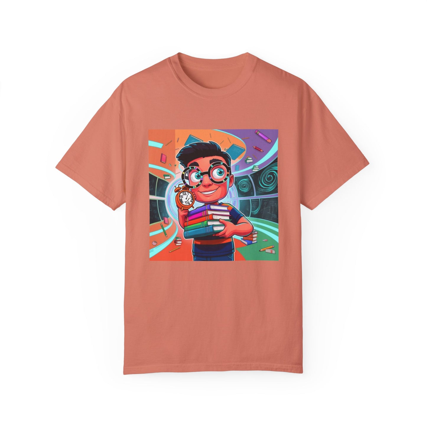 Neon Time Travel Student T-Shirt, Back to School Cartoon Design with Distorted Clock & Books, Funky Holographic Graphic Tee, Unisex Casual Shirt