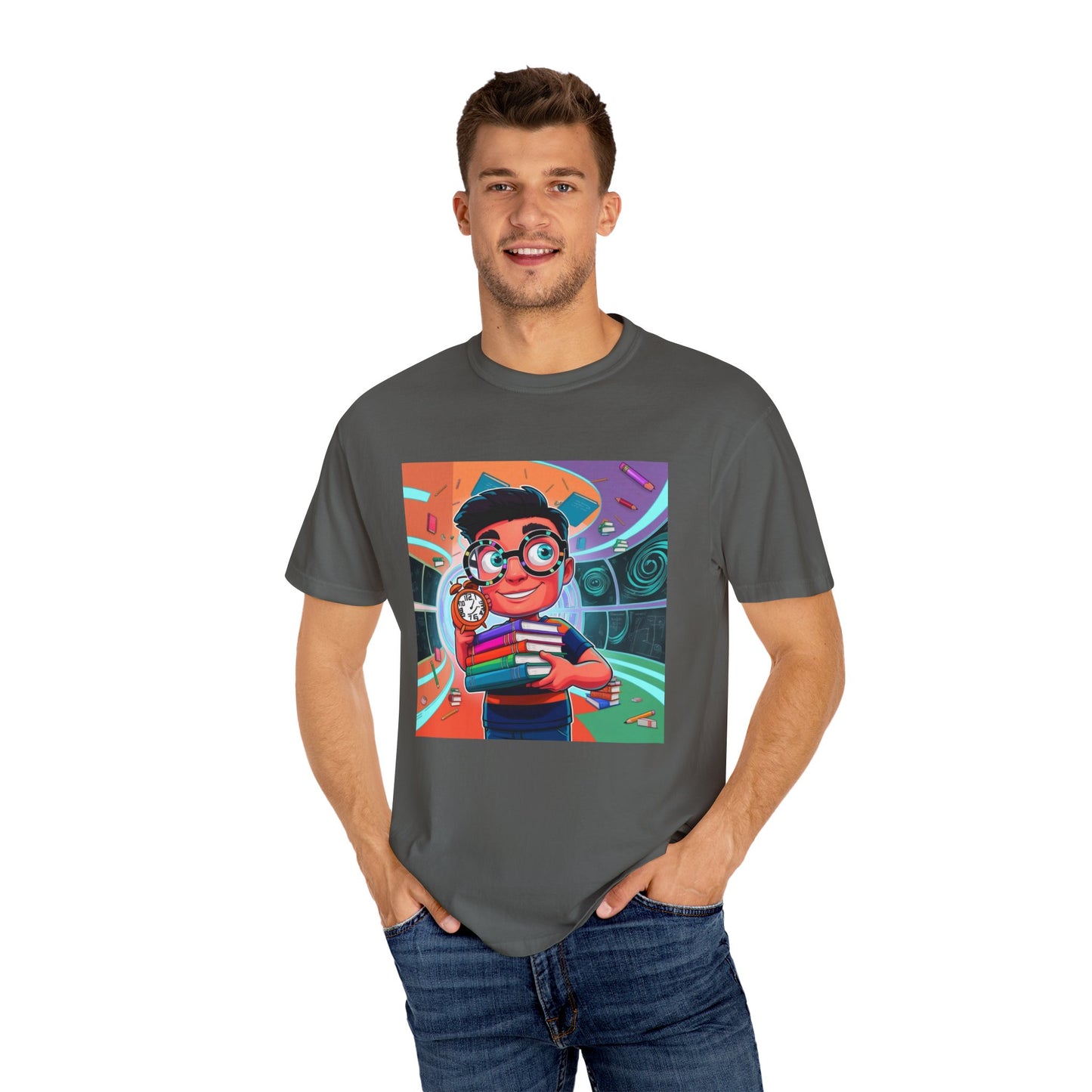 Neon Time Travel Student T-Shirt, Back to School Cartoon Design with Distorted Clock & Books, Funky Holographic Graphic Tee, Unisex Casual Shirt