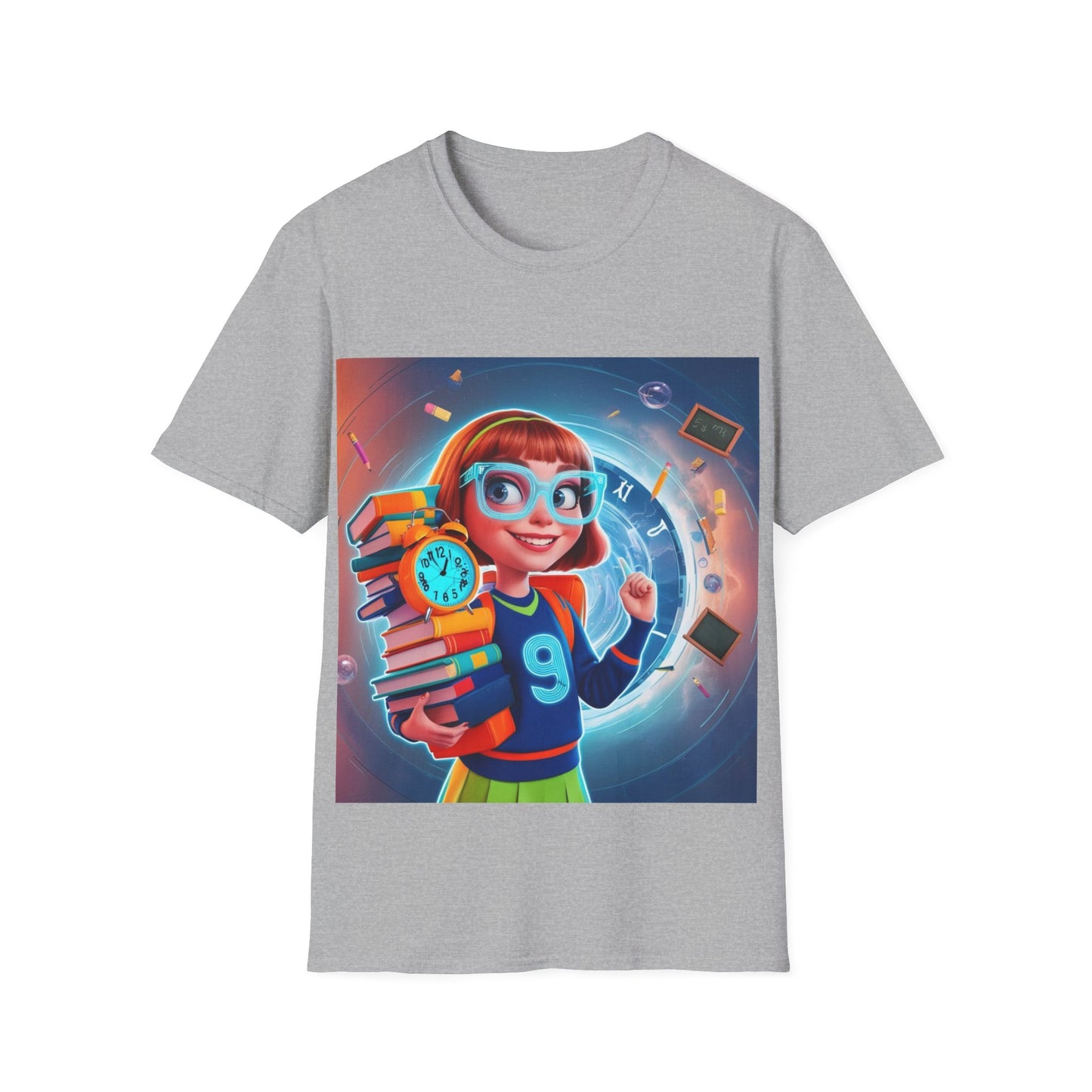 T-Shirt, Student Gift, Unisex Soft Style Tee, Time Travel Theme Shirt, Cool T-Shirt for All Ages, Neon Clock & Books