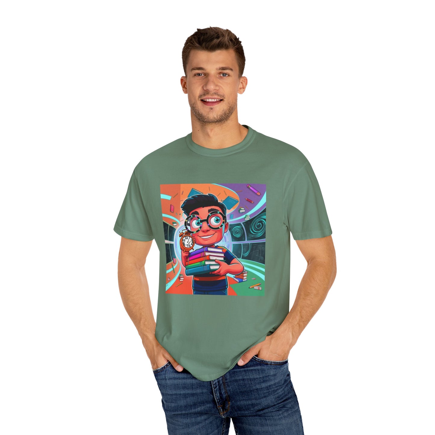 Neon Time Travel Student T-Shirt, Back to School Cartoon Design with Distorted Clock & Books, Funky Holographic Graphic Tee, Unisex Casual Shirt