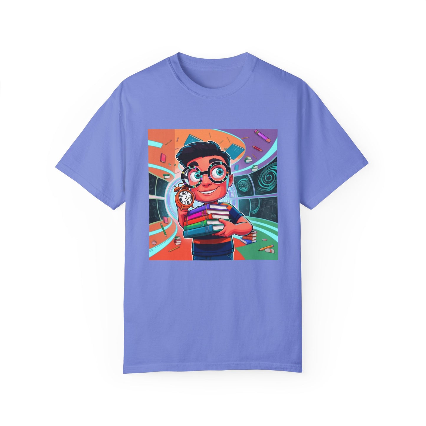 Neon Time Travel Student T-Shirt, Back to School Cartoon Design with Distorted Clock & Books, Funky Holographic Graphic Tee, Unisex Casual Shirt
