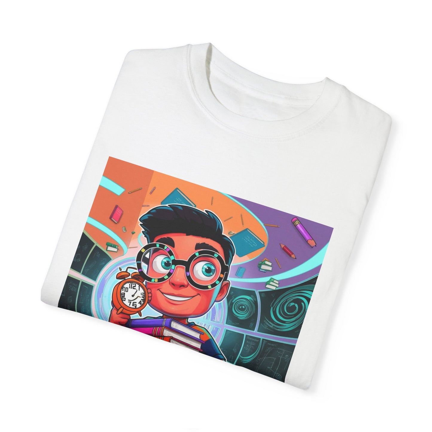 Neon Time Travel Student T-Shirt, Back to School Cartoon Design with Distorted Clock & Books, Funky Holographic Graphic Tee, Unisex Casual Shirt