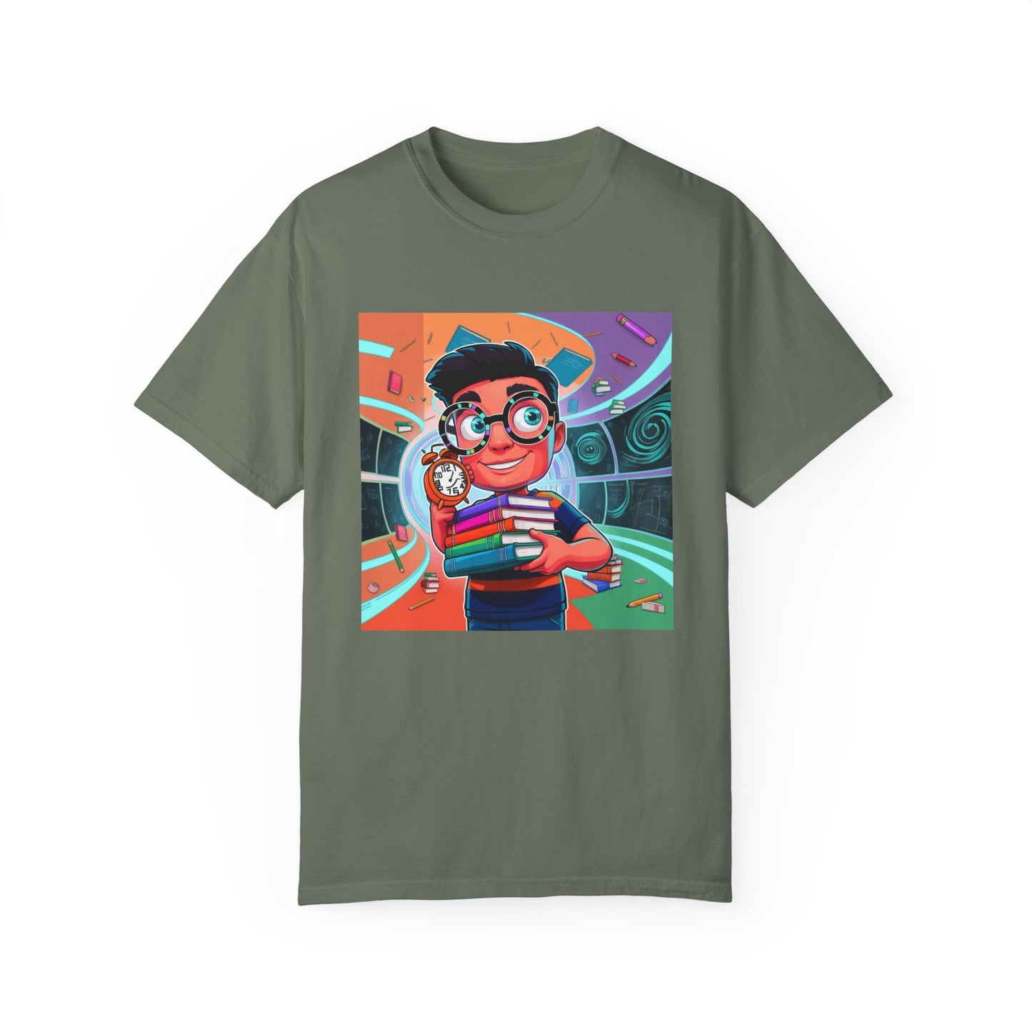 Neon Time Travel Student T-Shirt, Back to School Cartoon Design with Distorted Clock & Books, Funky Holographic Graphic Tee, Unisex Casual Shirt