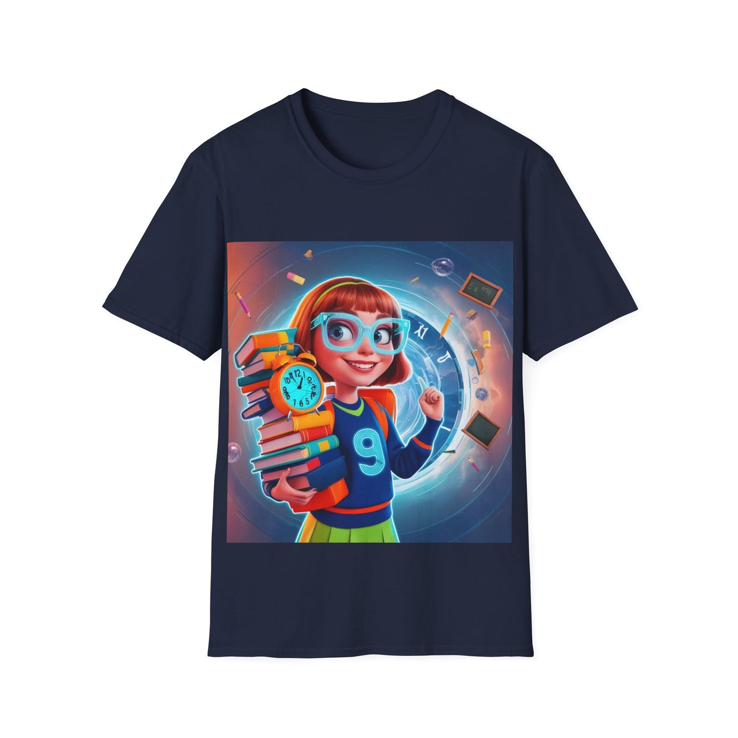T-Shirt, Student Gift, Unisex Soft Style Tee, Time Travel Theme Shirt, Cool T-Shirt for All Ages, Neon Clock & Books