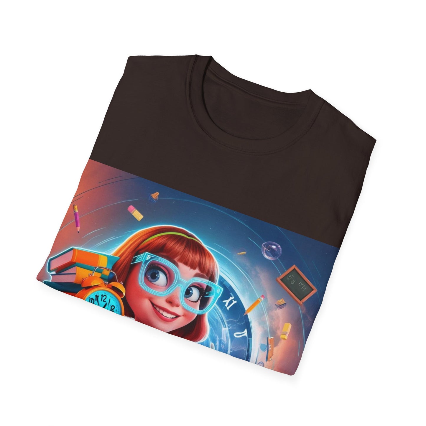 T-Shirt, Student Gift, Unisex Soft Style Tee, Time Travel Theme Shirt, Cool T-Shirt for All Ages, Neon Clock & Books