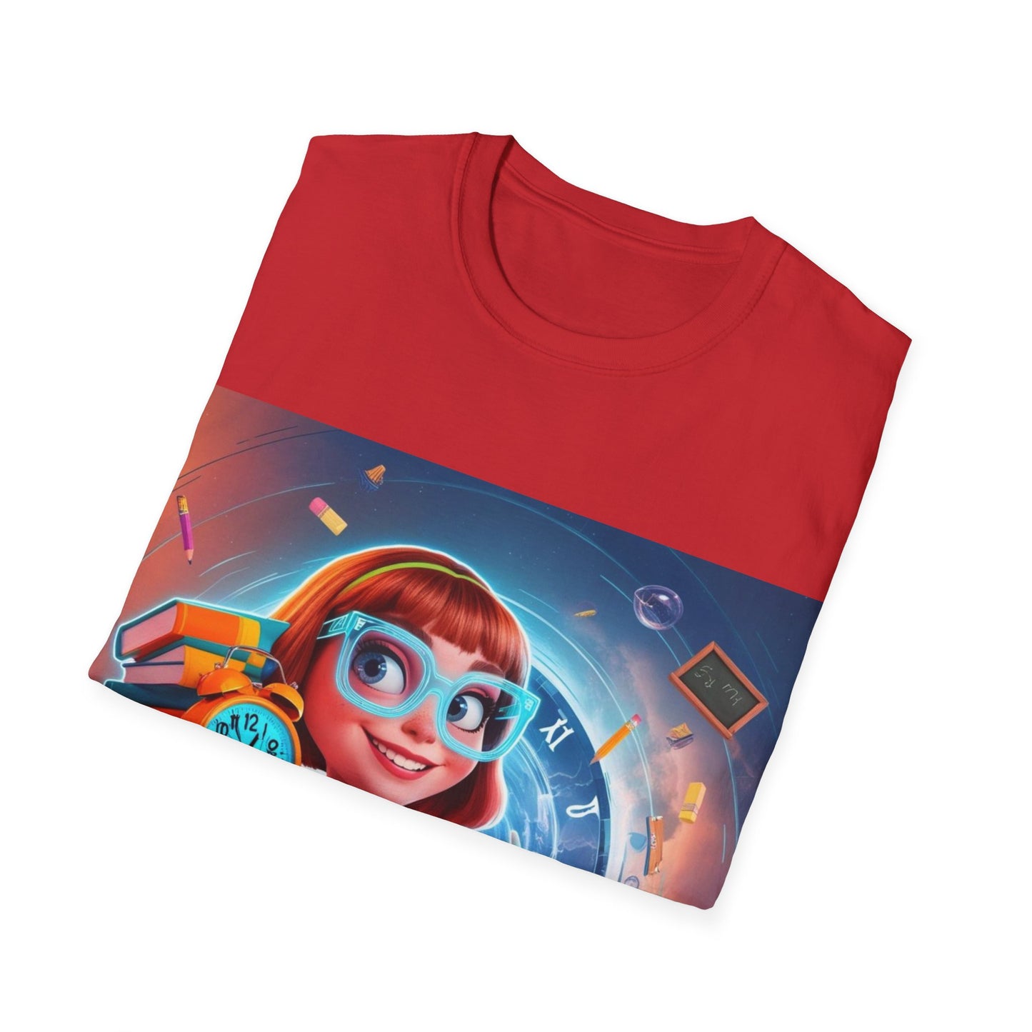 T-Shirt, Student Gift, Unisex Soft Style Tee, Time Travel Theme Shirt, Cool T-Shirt for All Ages, Neon Clock & Books