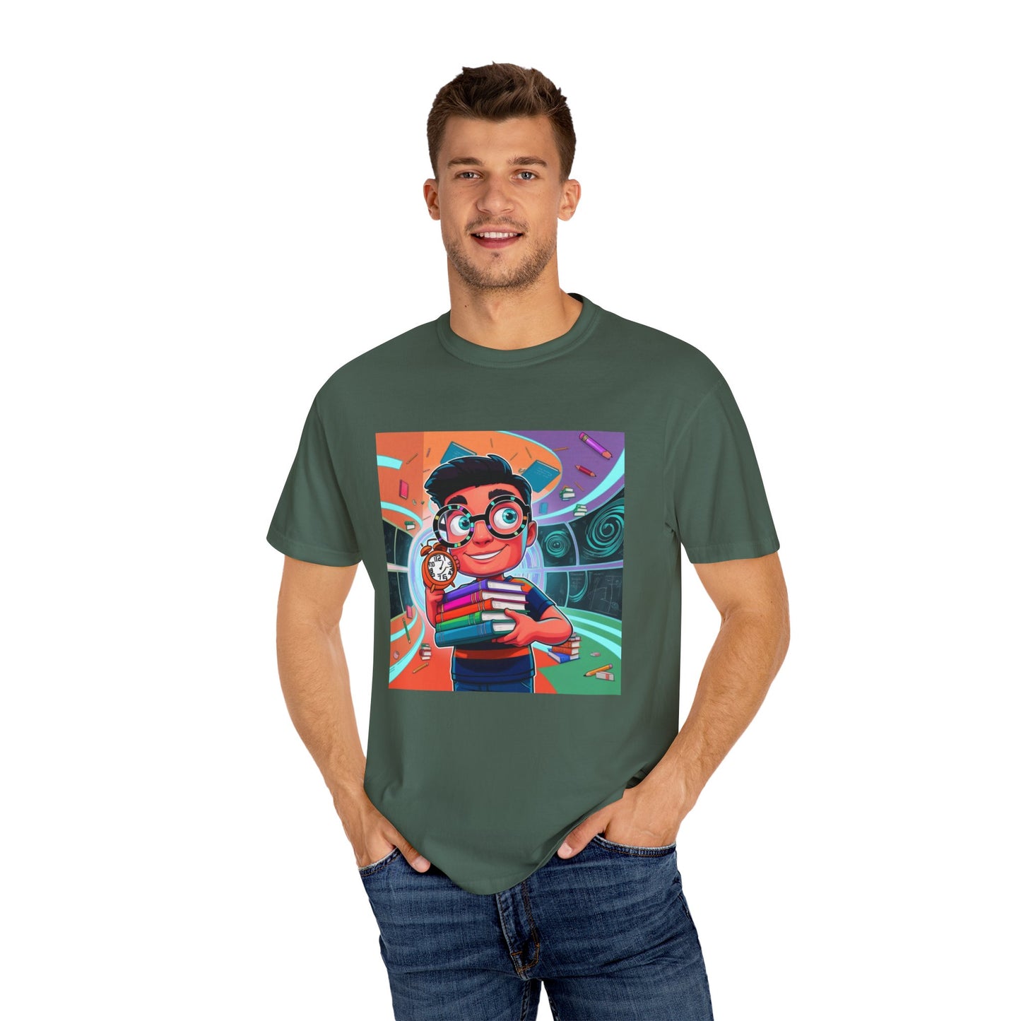 Neon Time Travel Student T-Shirt, Back to School Cartoon Design with Distorted Clock & Books, Funky Holographic Graphic Tee, Unisex Casual Shirt