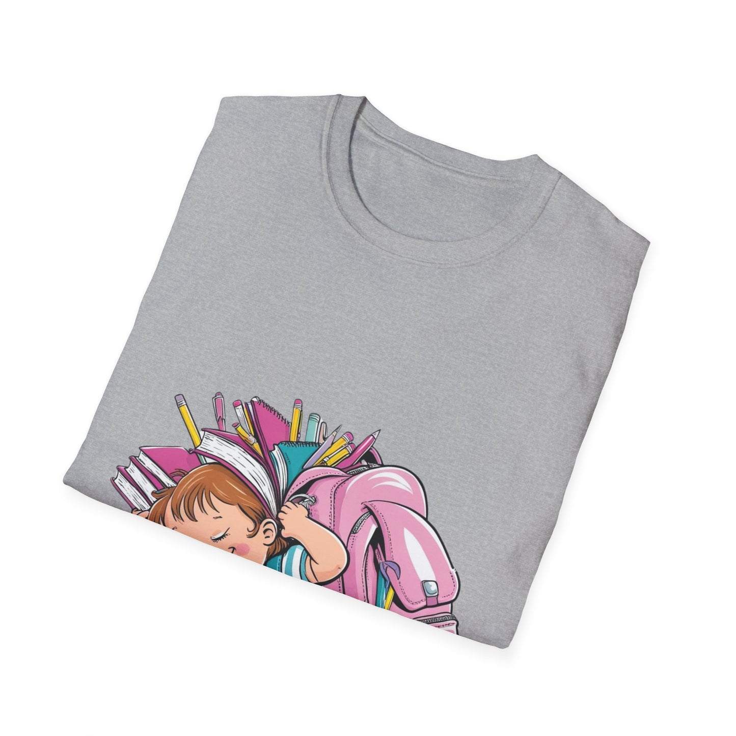 Funny Cartoon Girl with Heavy School Bag T-Shirt – Unisex Softstyle, Humorous Graphic Tee for Casual Wear