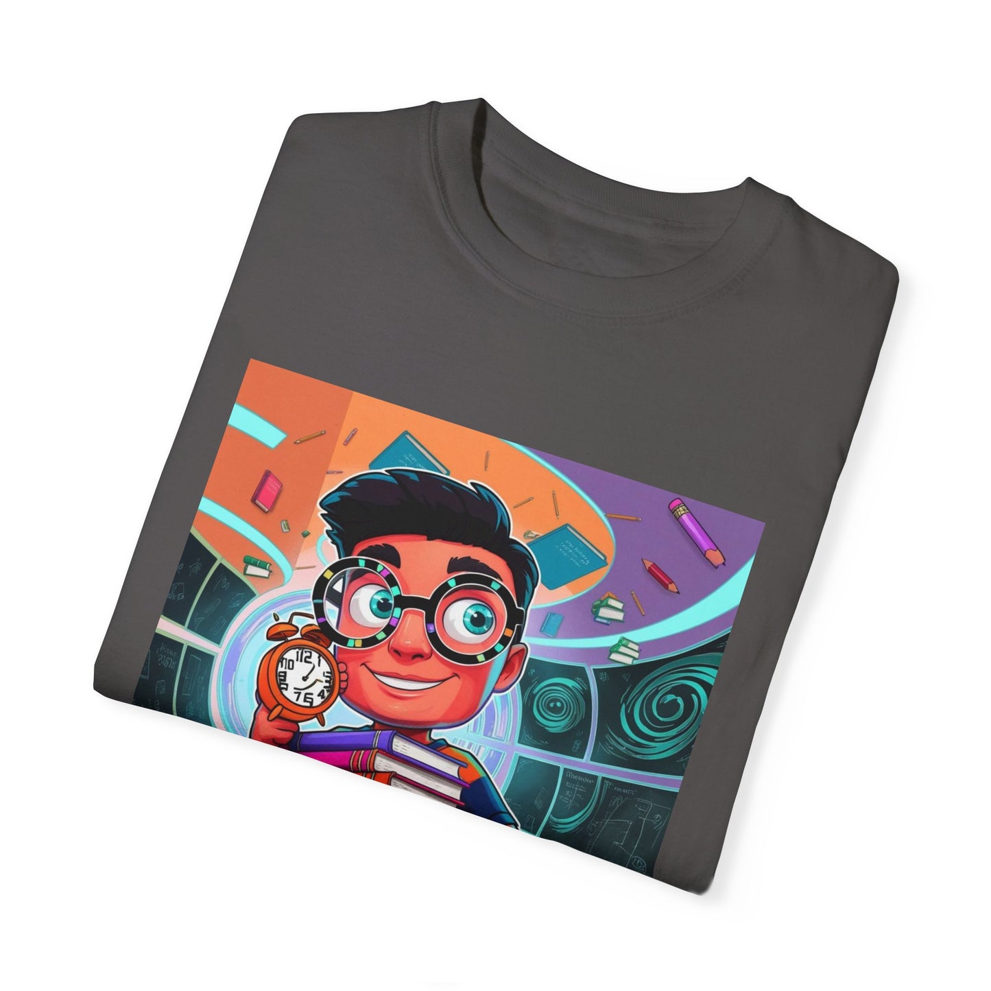 Neon Time Travel Student T-Shirt, Back to School Cartoon Design with Distorted Clock & Books, Funky Holographic Graphic Tee, Unisex Casual Shirt