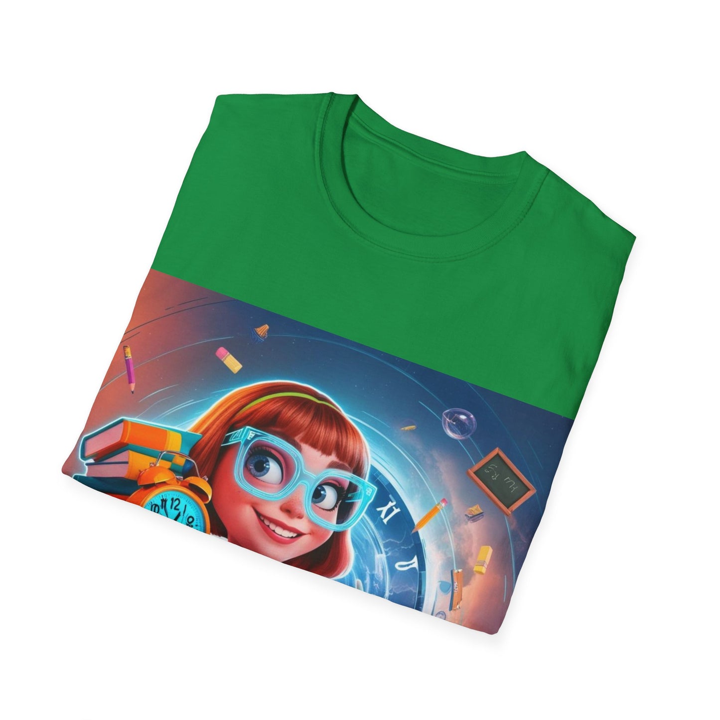 T-Shirt, Student Gift, Unisex Soft Style Tee, Time Travel Theme Shirt, Cool T-Shirt for All Ages, Neon Clock & Books