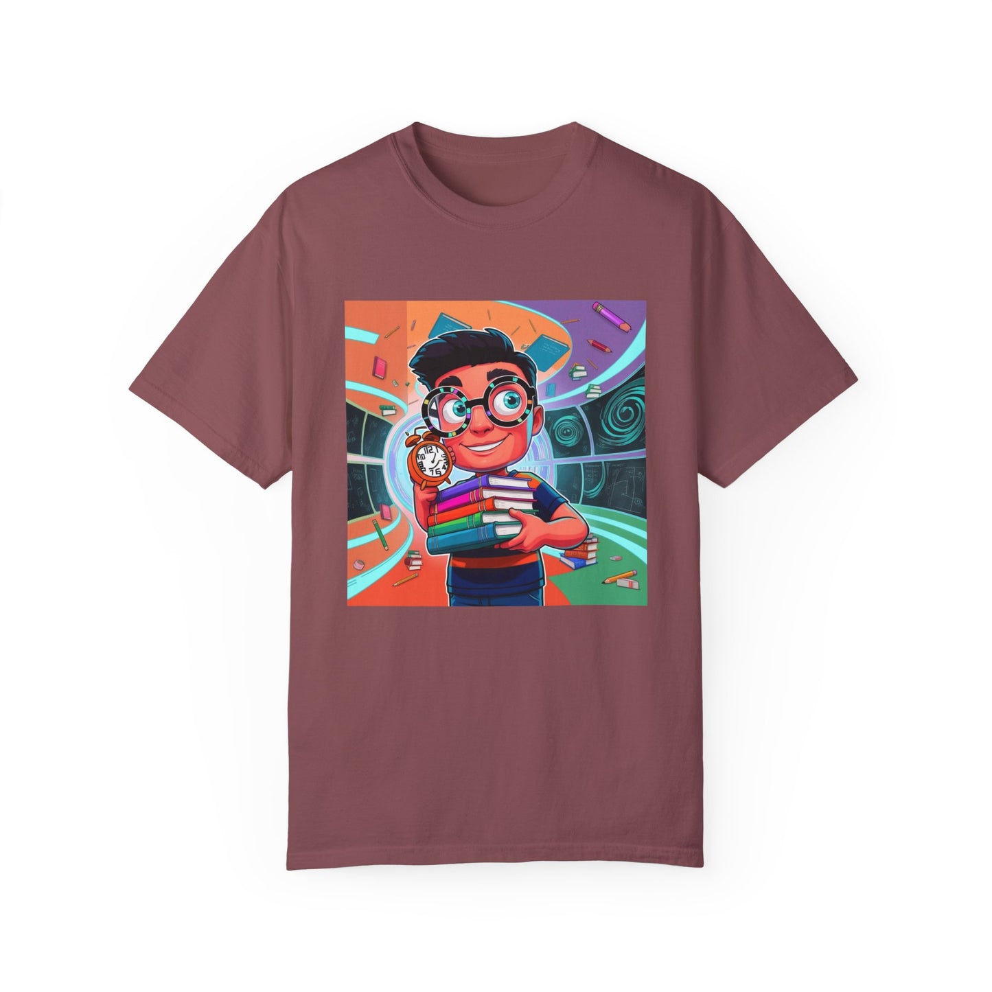 Neon Time Travel Student T-Shirt, Back to School Cartoon Design with Distorted Clock & Books, Funky Holographic Graphic Tee, Unisex Casual Shirt