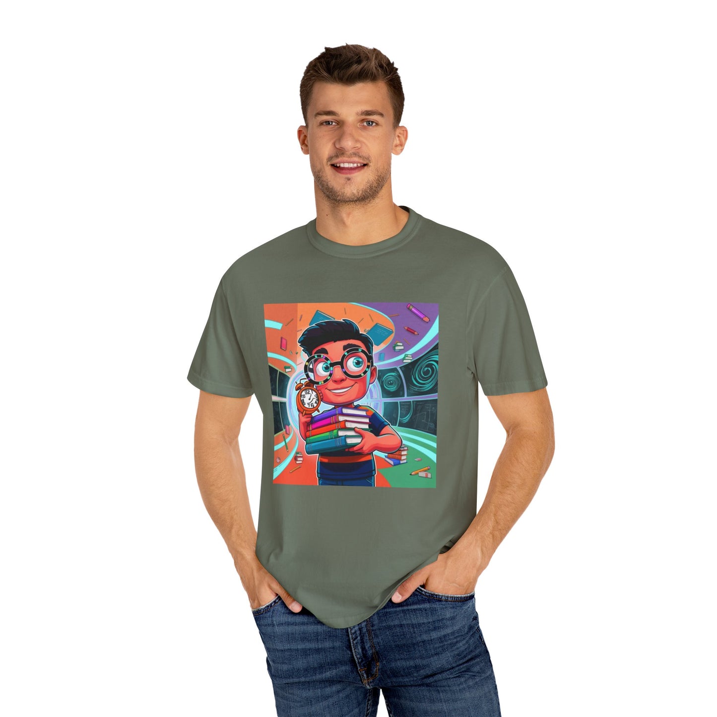 Neon Time Travel Student T-Shirt, Back to School Cartoon Design with Distorted Clock & Books, Funky Holographic Graphic Tee, Unisex Casual Shirt