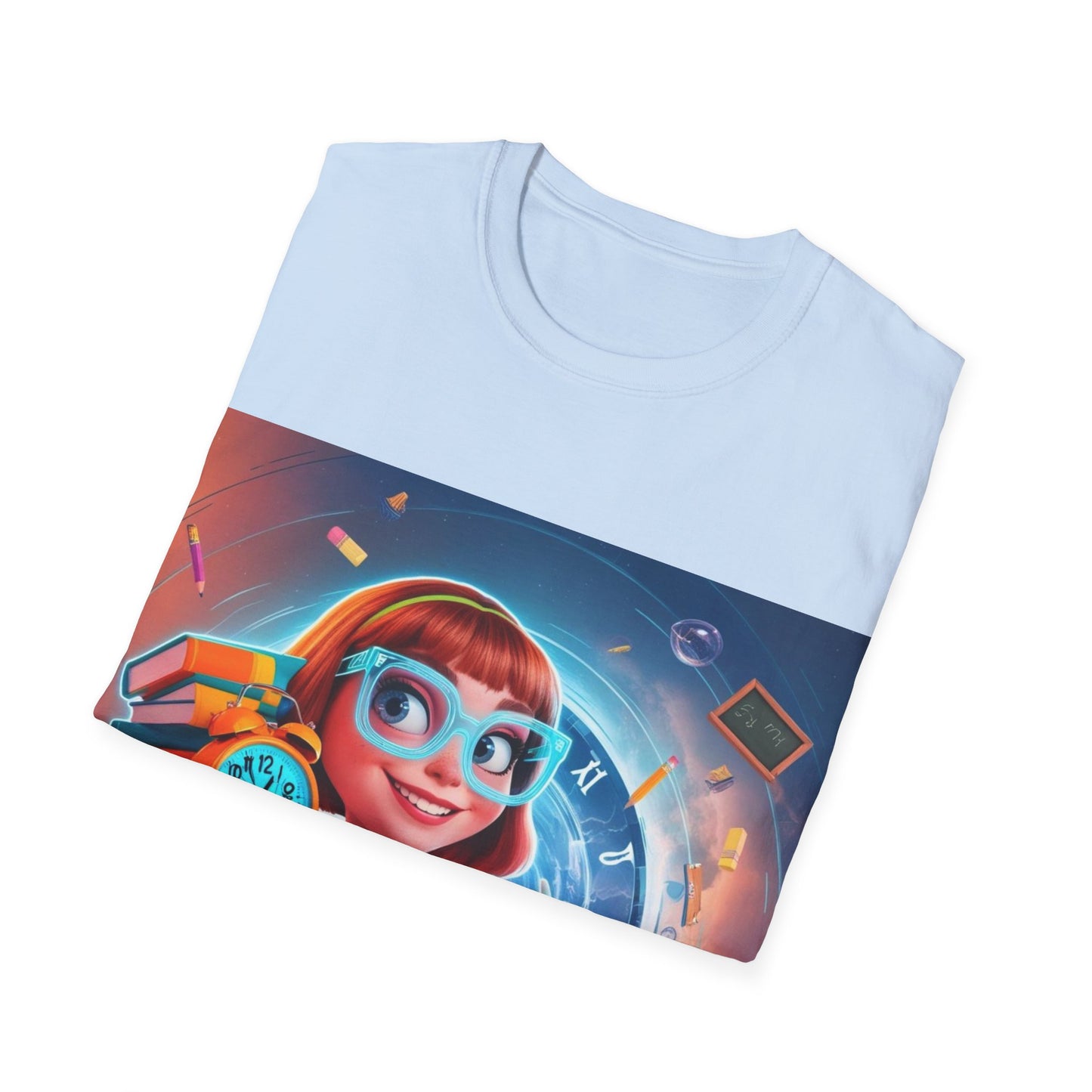 T-Shirt, Student Gift, Unisex Soft Style Tee, Time Travel Theme Shirt, Cool T-Shirt for All Ages, Neon Clock & Books