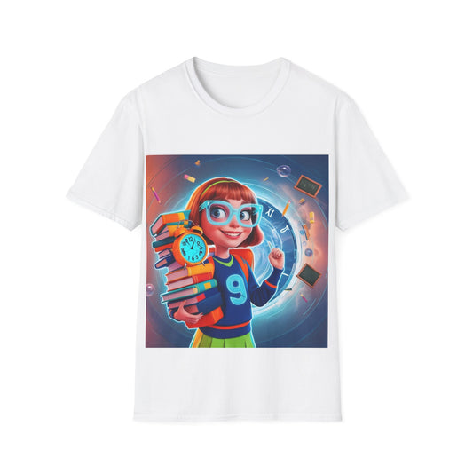 T-Shirt, Student Gift, Unisex Soft Style Tee, Time Travel Theme Shirt, Cool T-Shirt for All Ages, Neon Clock & Books