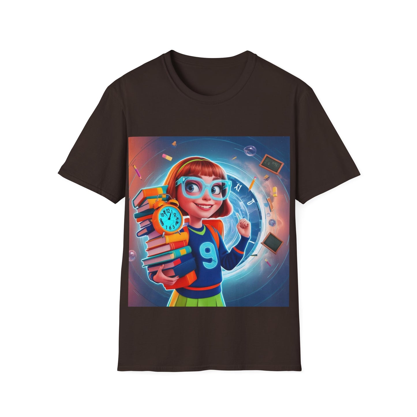 T-Shirt, Student Gift, Unisex Soft Style Tee, Time Travel Theme Shirt, Cool T-Shirt for All Ages, Neon Clock & Books