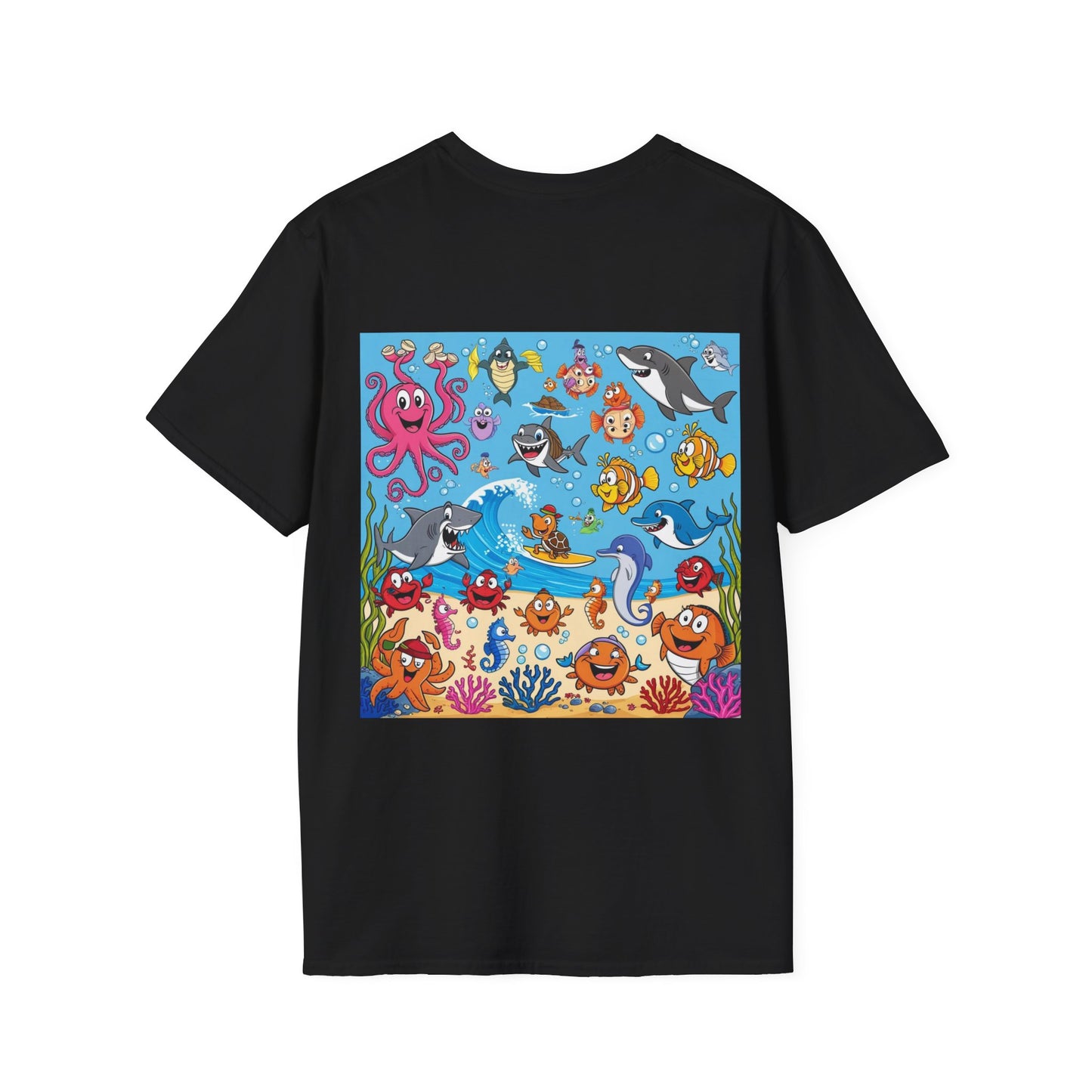 Funny Ocean Friends T-Shirt Vibrant Cartoon Sea Animals Underwater Scene Unisex Soft Style Tee